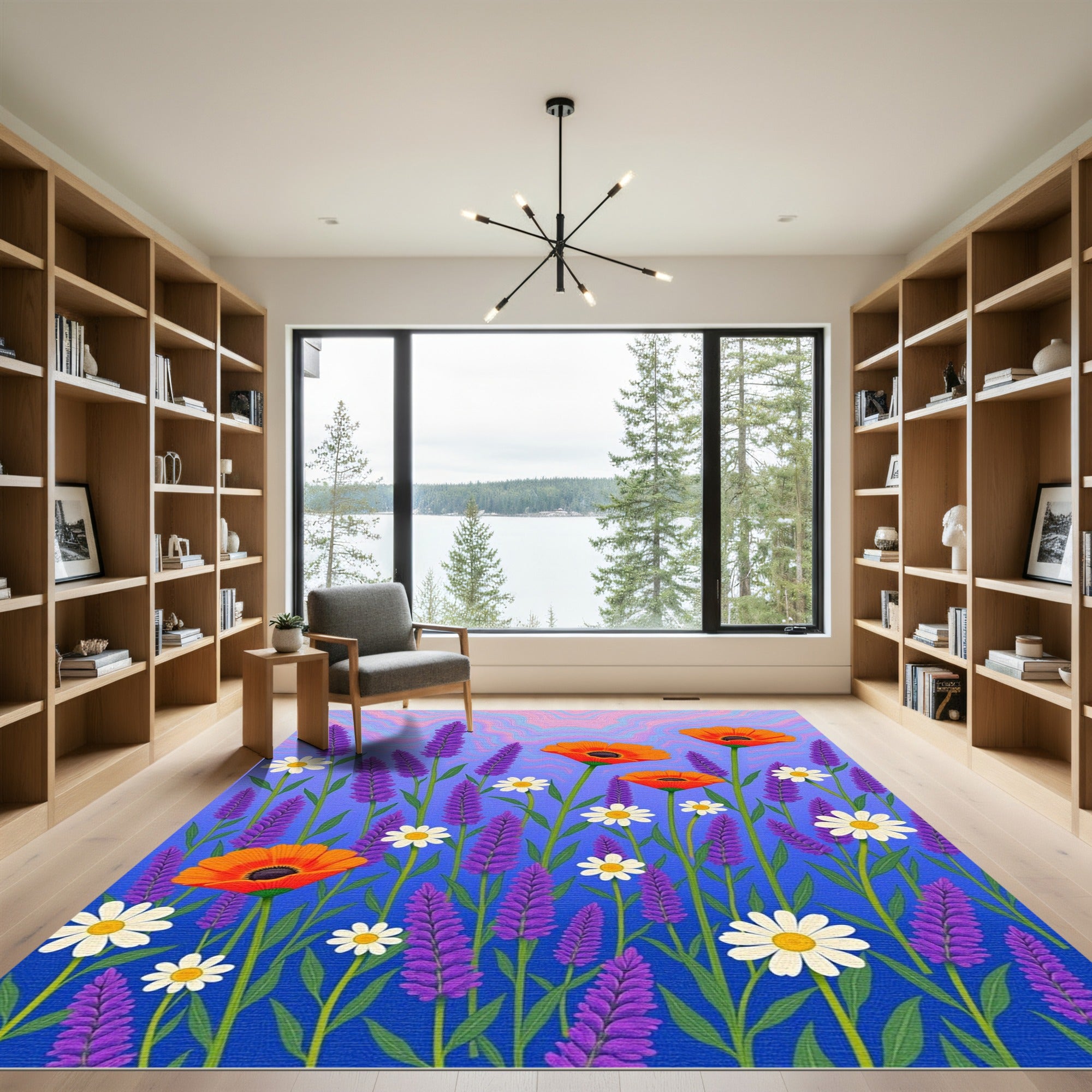 Vibrant Orange Poppy Lavender Field Rug