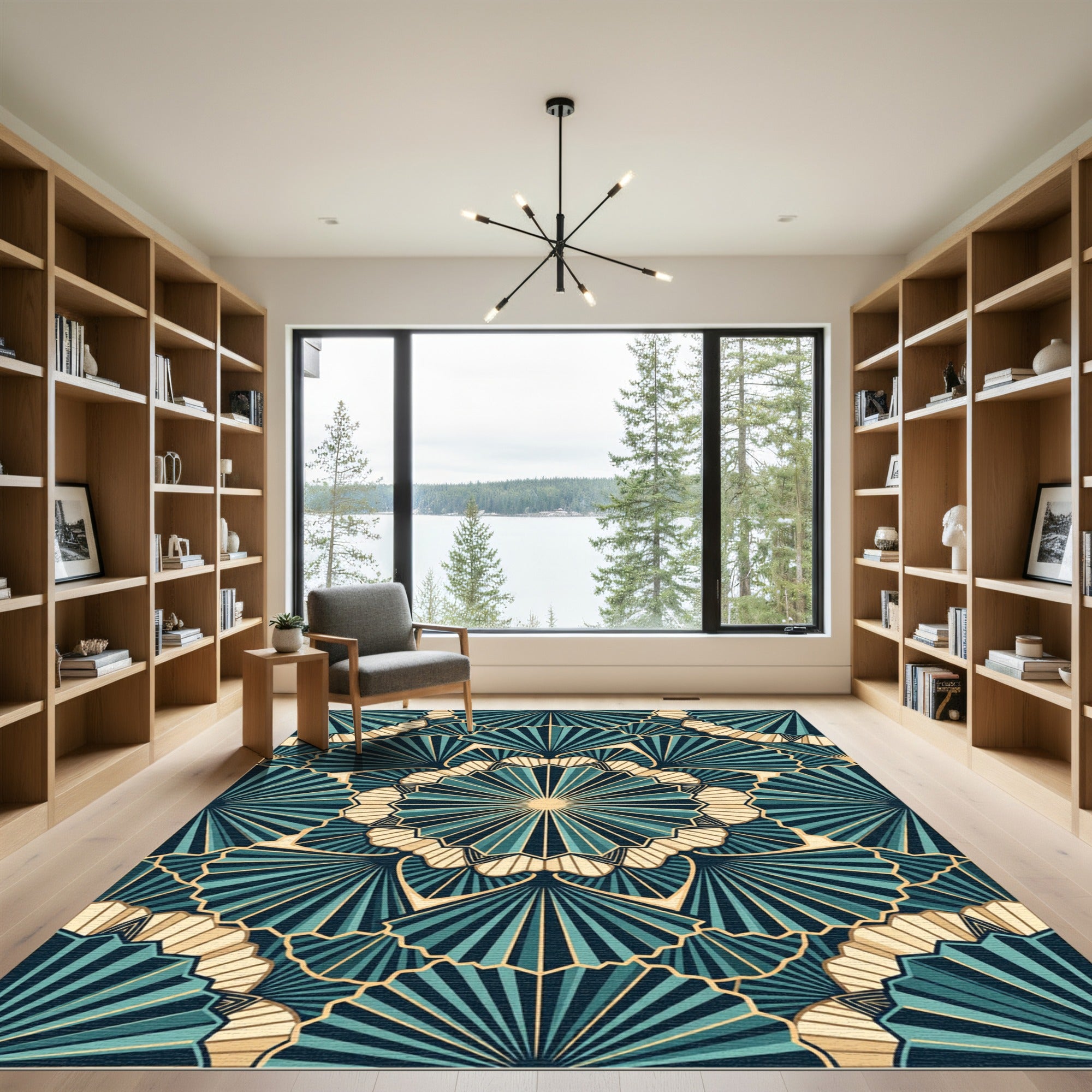 Art Deco Teal Fan Mandala Rug