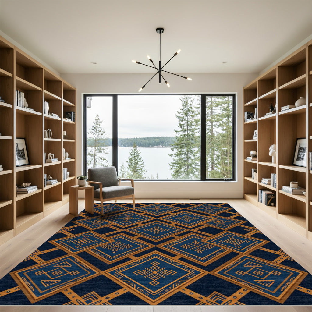 Midnight Blue Golden Geometric Diamond Rug