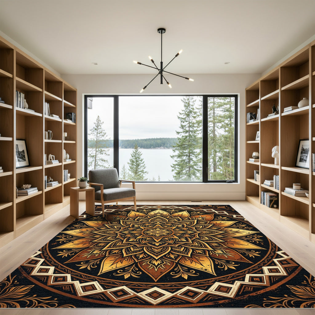 Golden Mandala Flourish Circular Medallion Rug