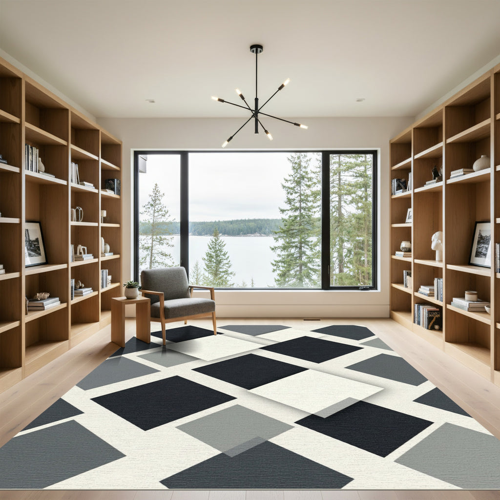 Modern Monochrome Geometric Layered Square Rug
