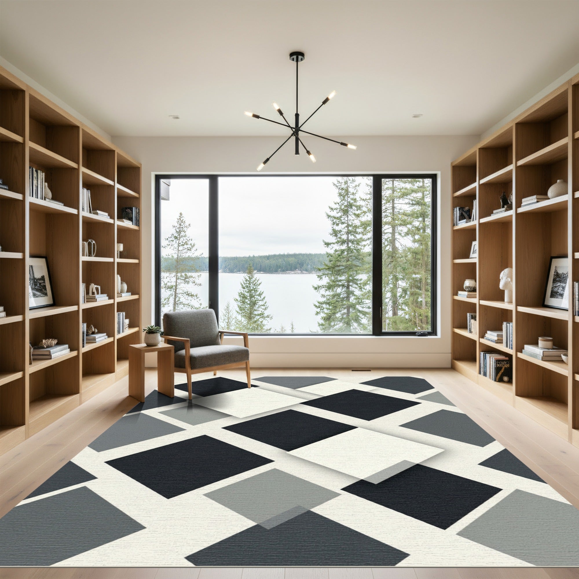 Modern Monochrome Geometric Layered Square Rug