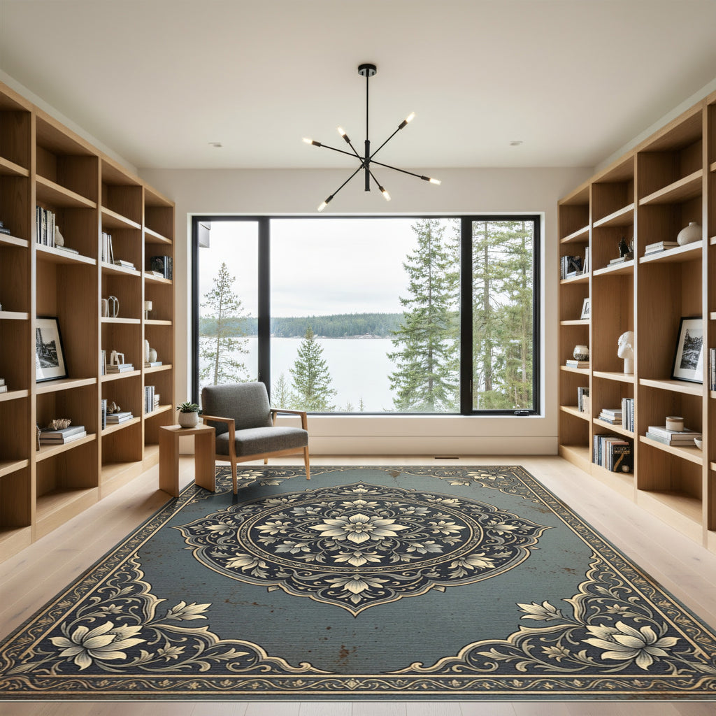 Distressed Teal Floral Medallion Rug