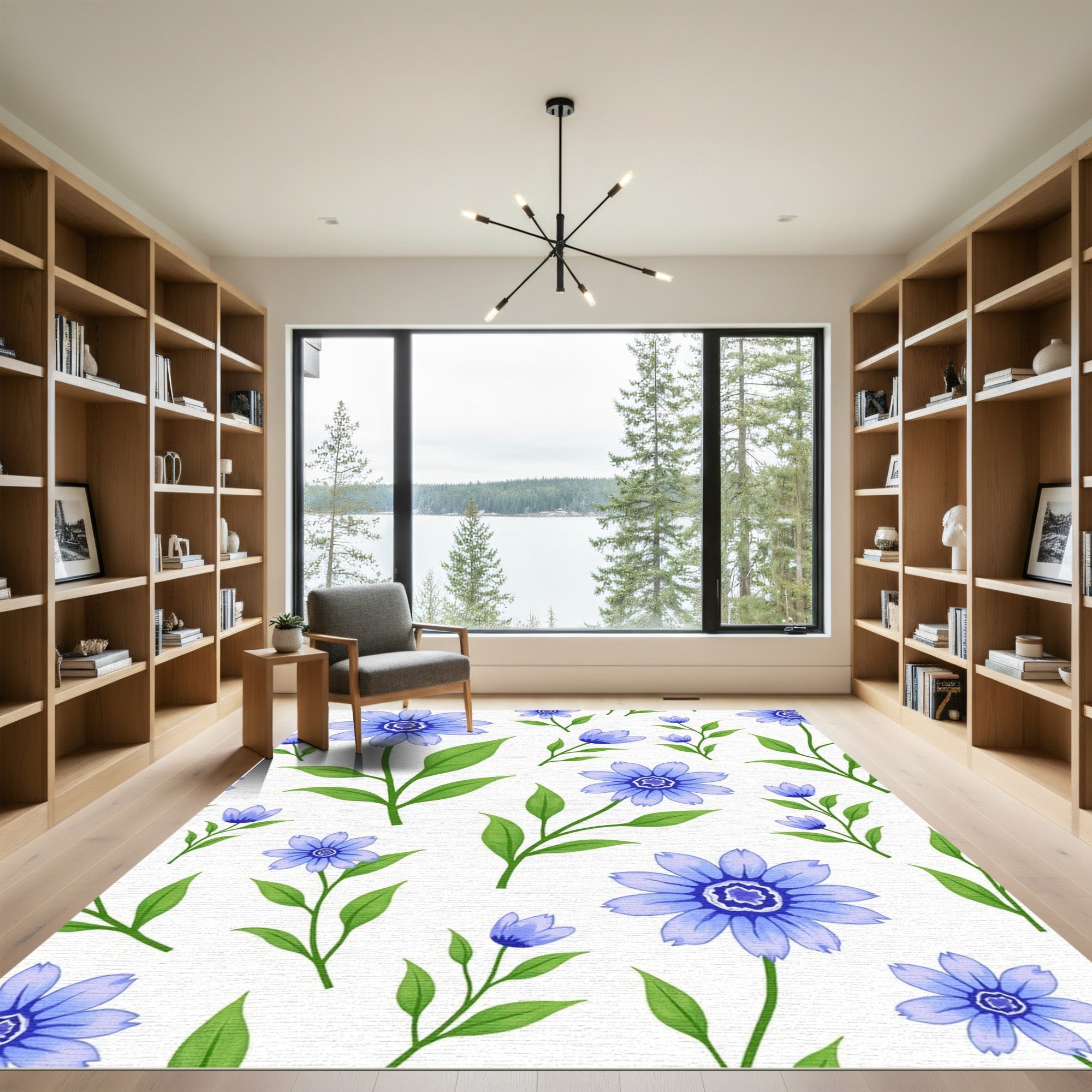 Delicate Blue Floral Stem Composition Rug