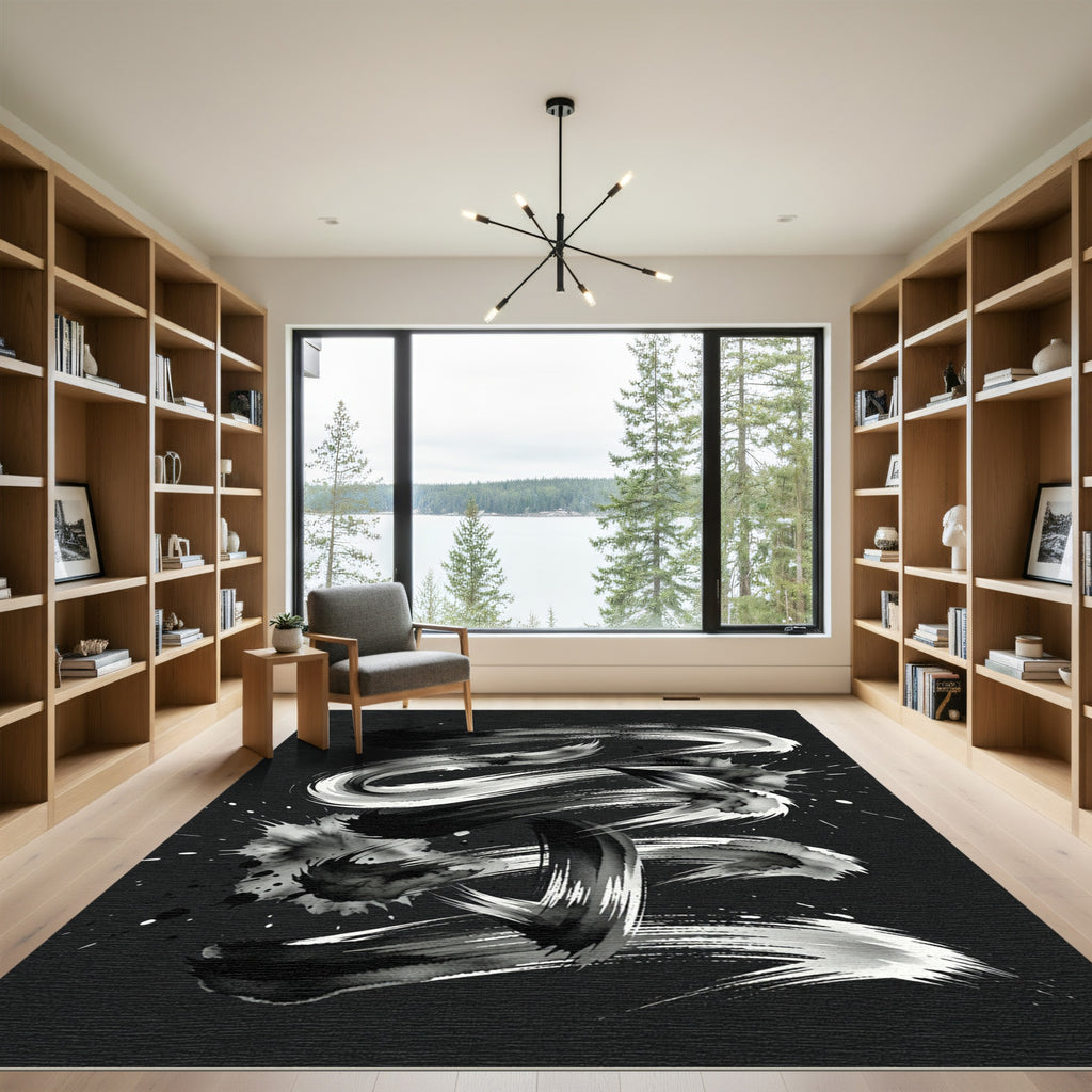 Monochromatic Black and White Ink Swirl Rug