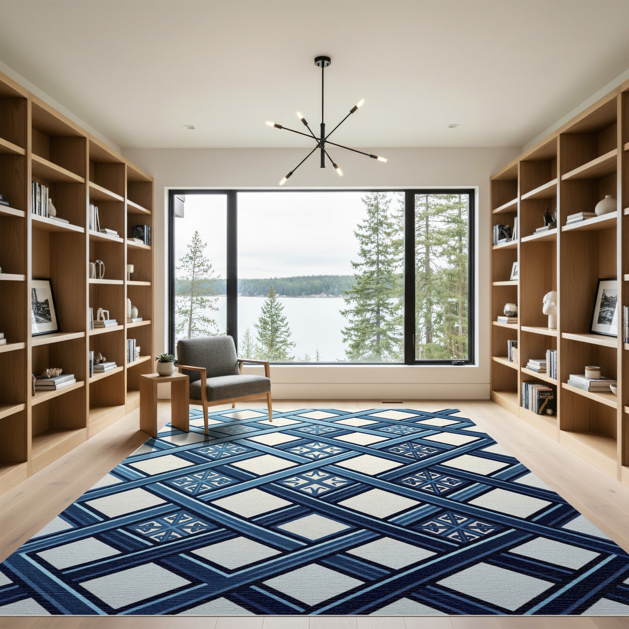 Geometric Navy Blue Lattice Grid Rug