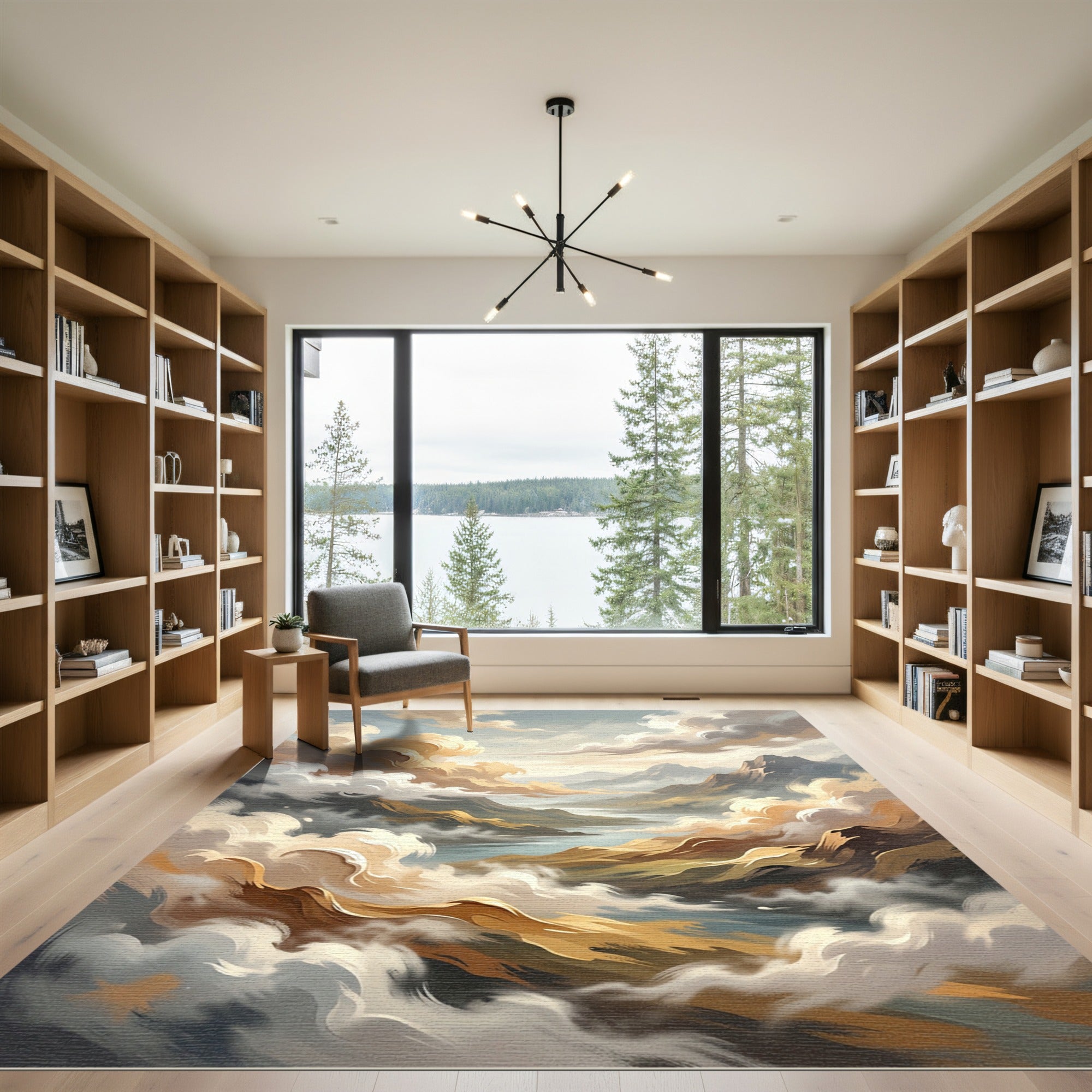 Golden Clouds Over Mountain River Scene Rug