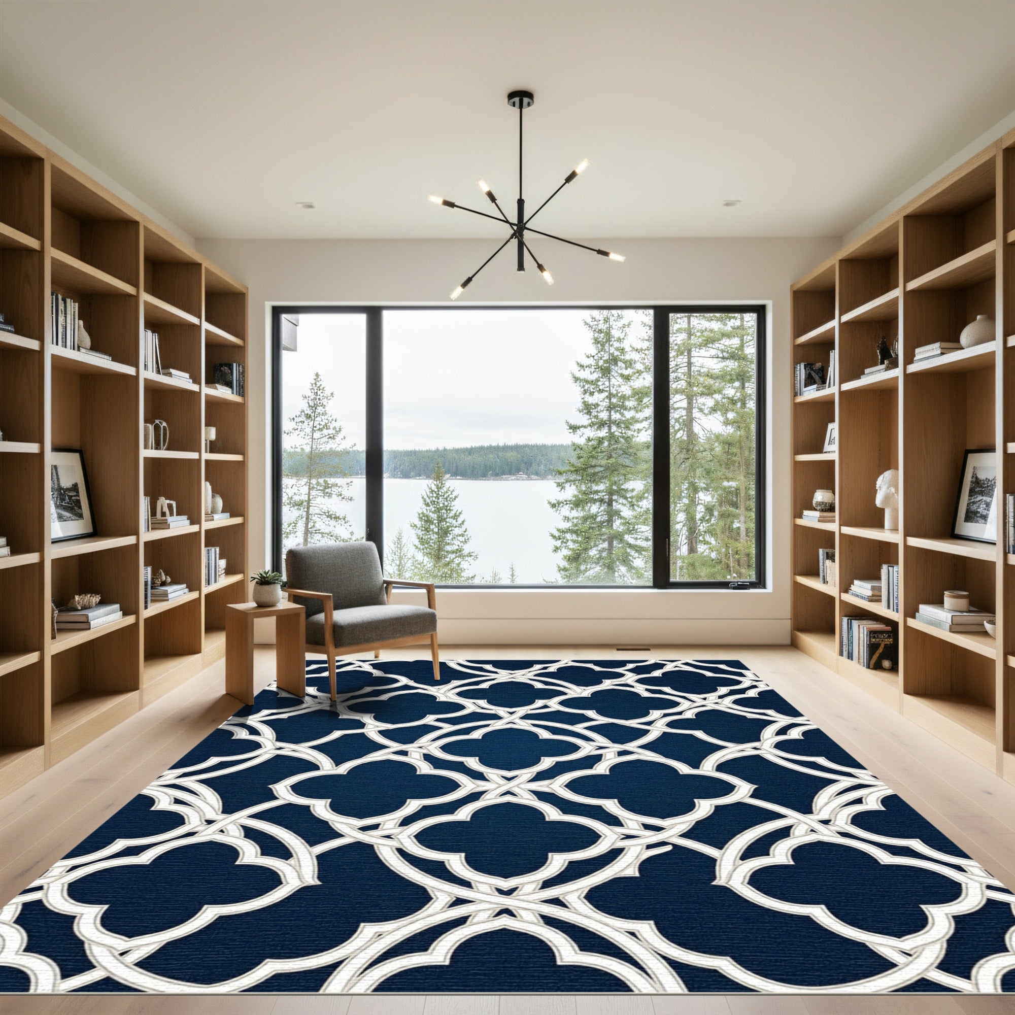 Elegant Navy Trellis Quatrefoil Decor Rug