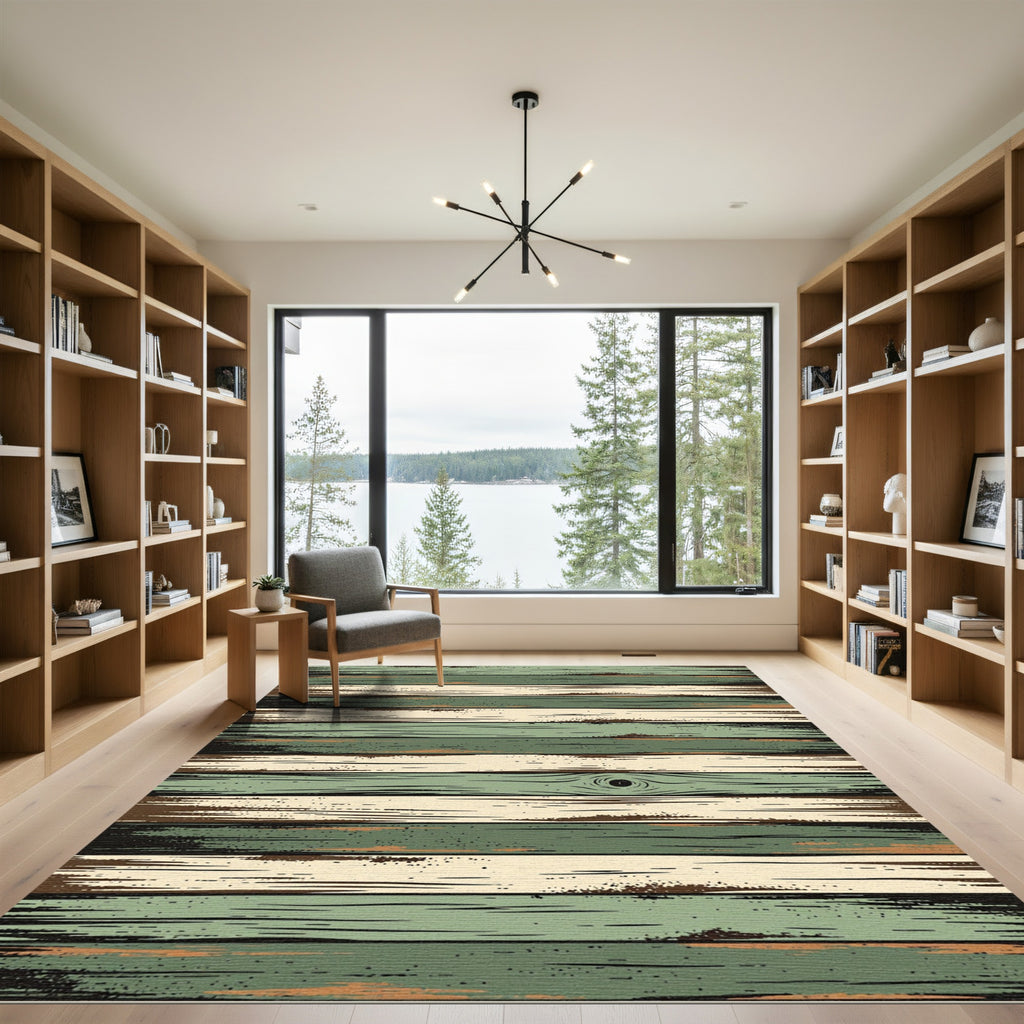 Rustic Sage and Cream Striped Wood Rug