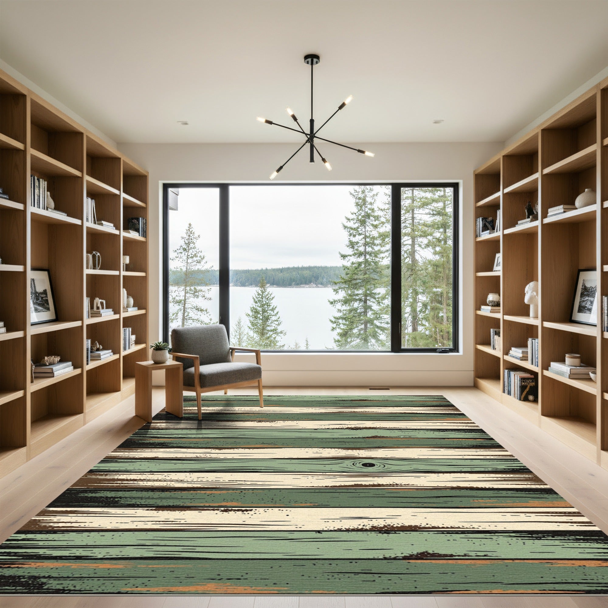 Rustic Sage and Cream Striped Wood Rug