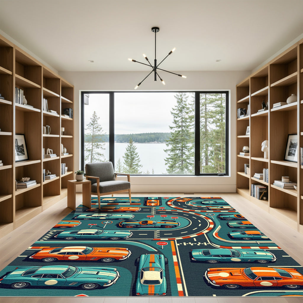 Retro Orange and Teal Racing Track Rug