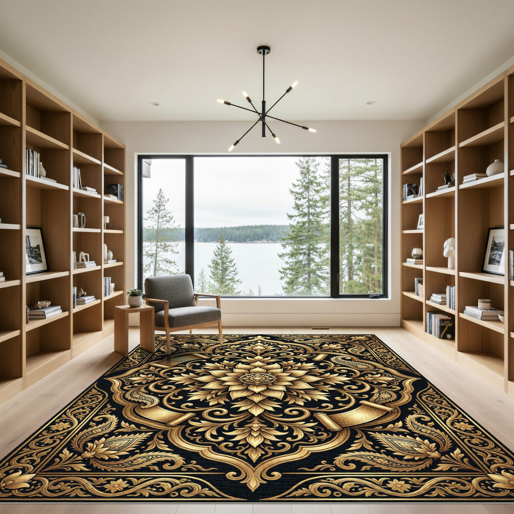 Ornate Gold Floral Scroll Medallion Rug