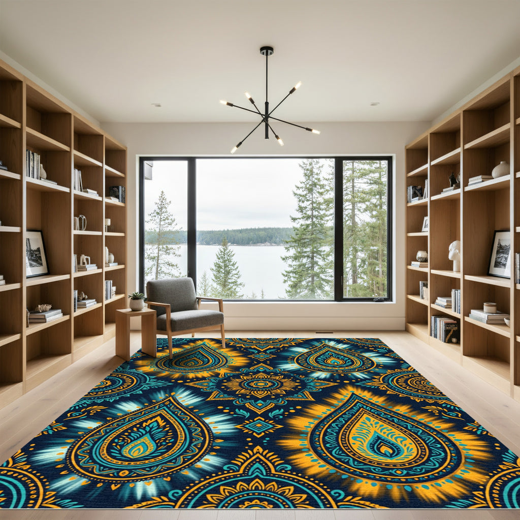 Midnight Teal Golden Paisley Mandala Rug