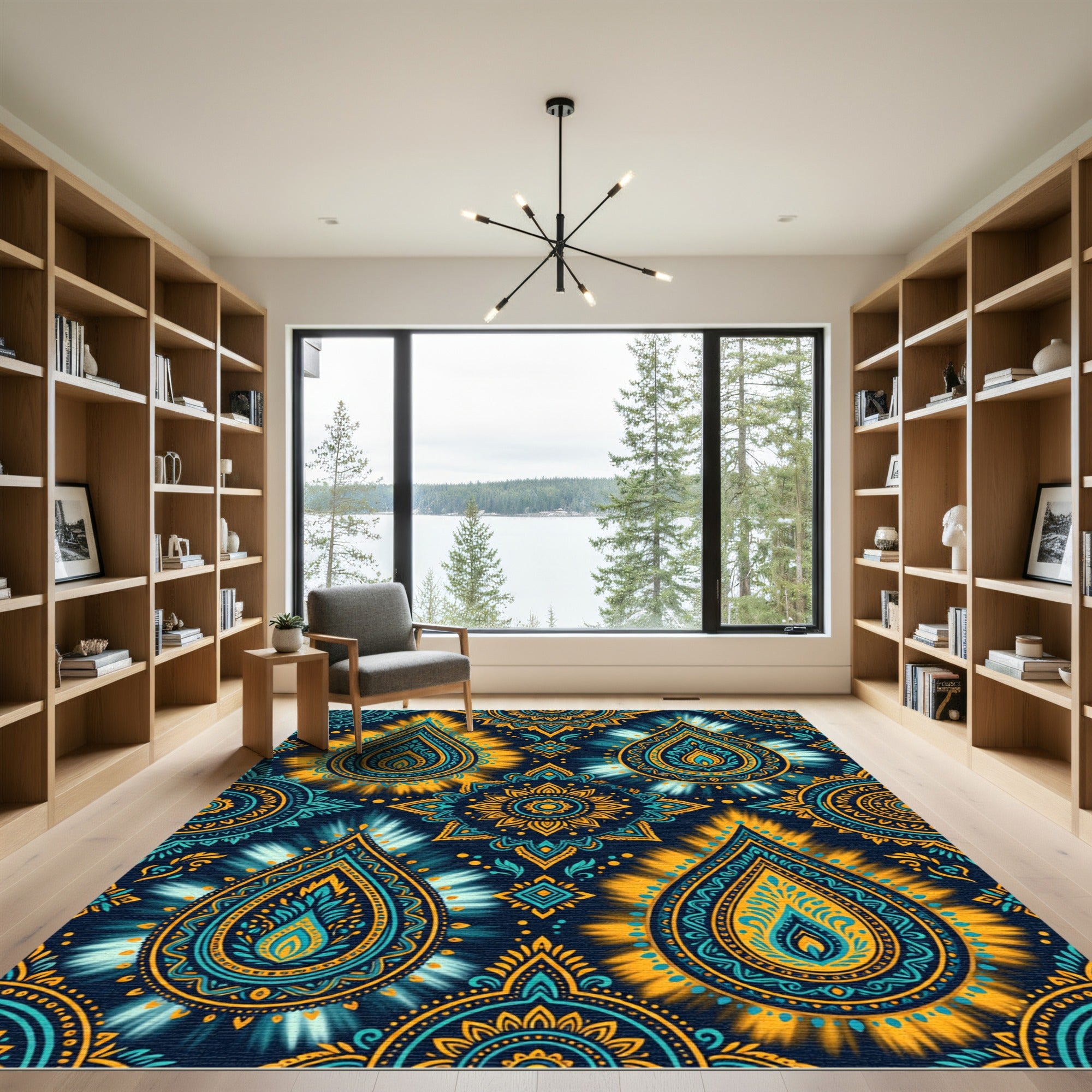 Midnight Teal Golden Paisley Mandala Rug