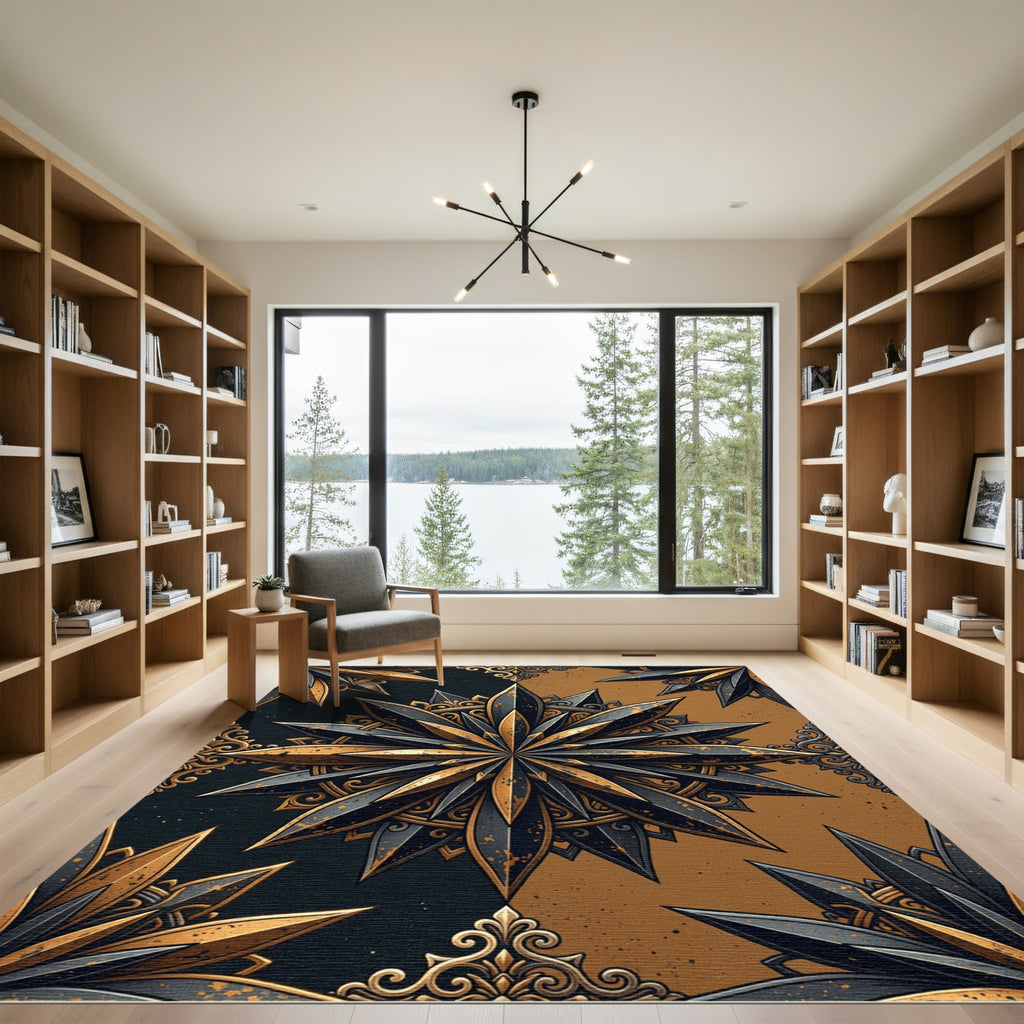 Gilded Starburst Medallion Black Golden Rug