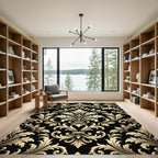 Elegant Gold Damask Black Scrollwork Rug
