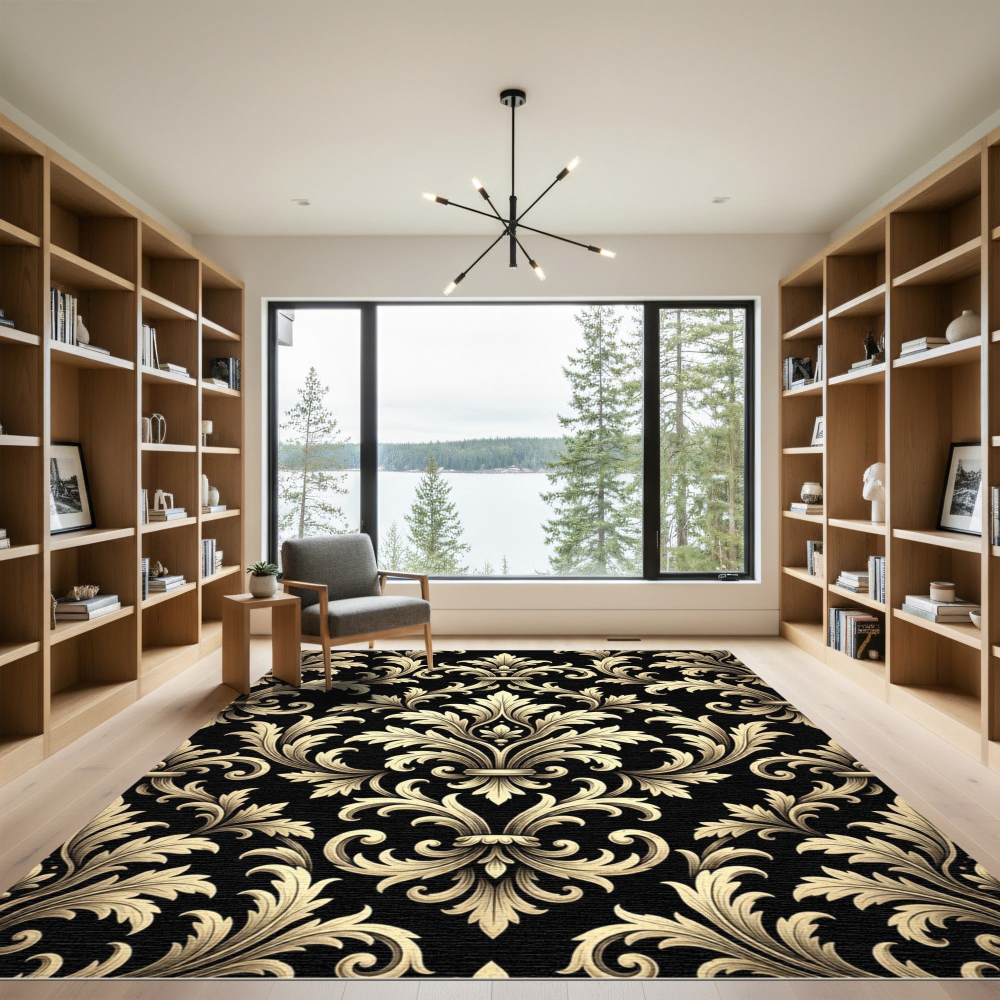 Elegant Gold Damask Black Scrollwork Rug