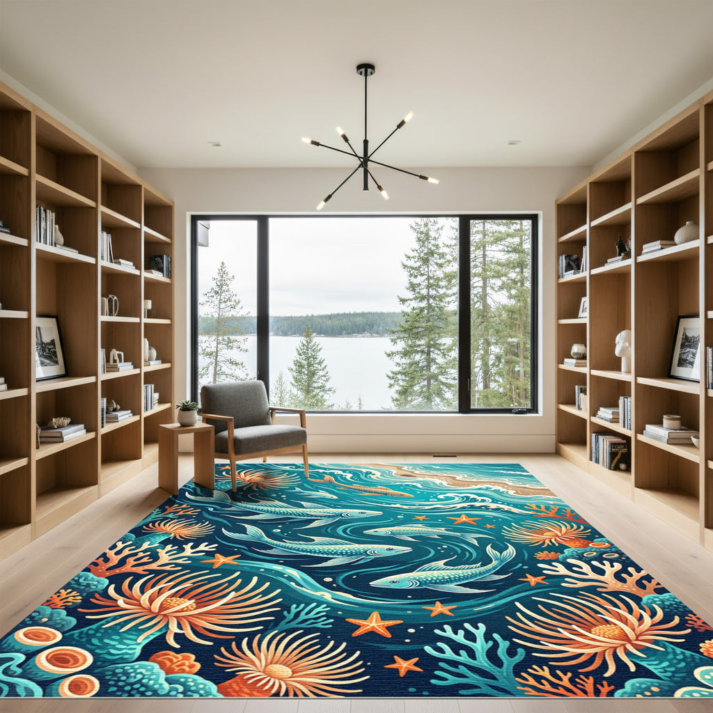 Vibrant Blue Coral Reef Undersea Scene Rug