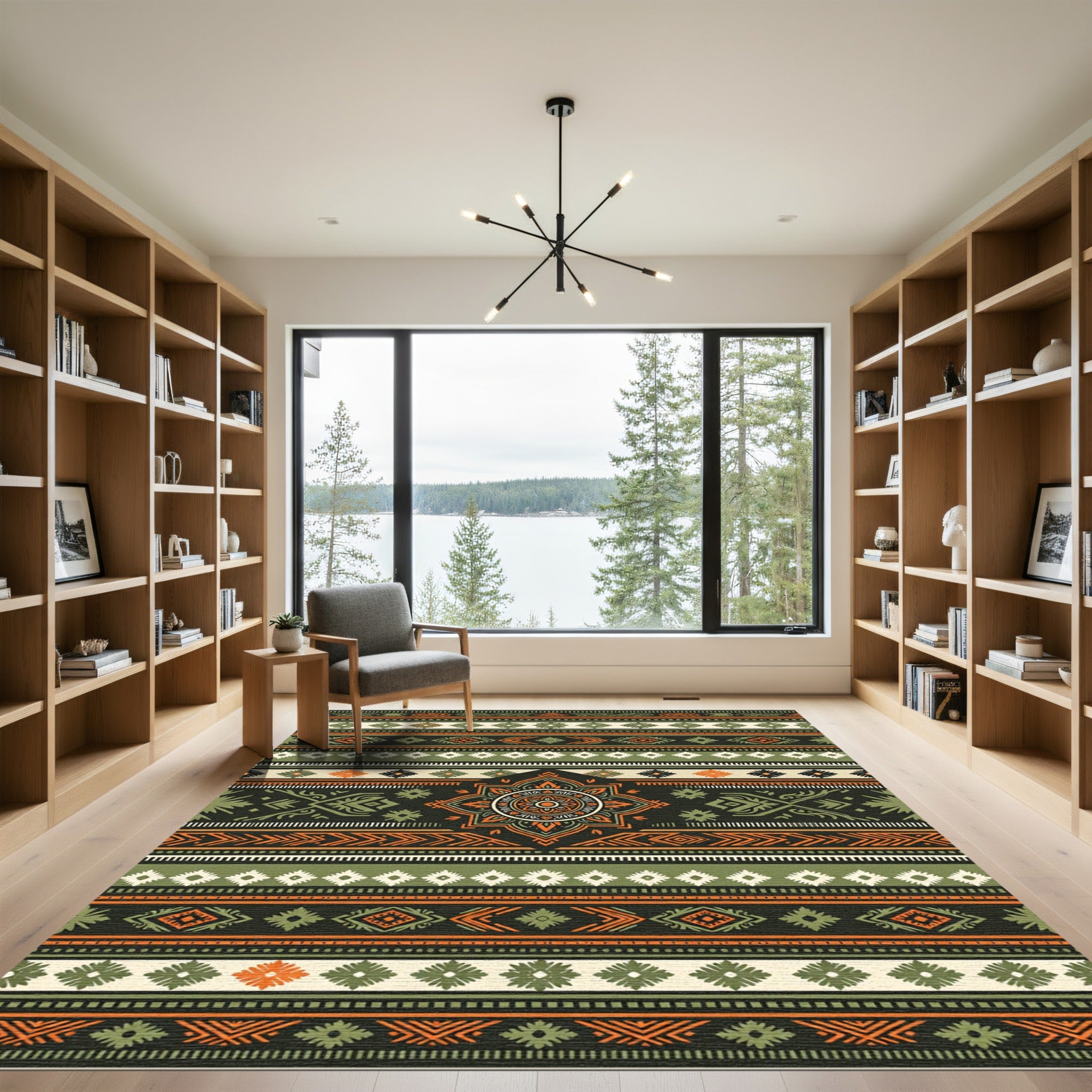 Earthy Green Orange Boho Geometric Stripe Rug