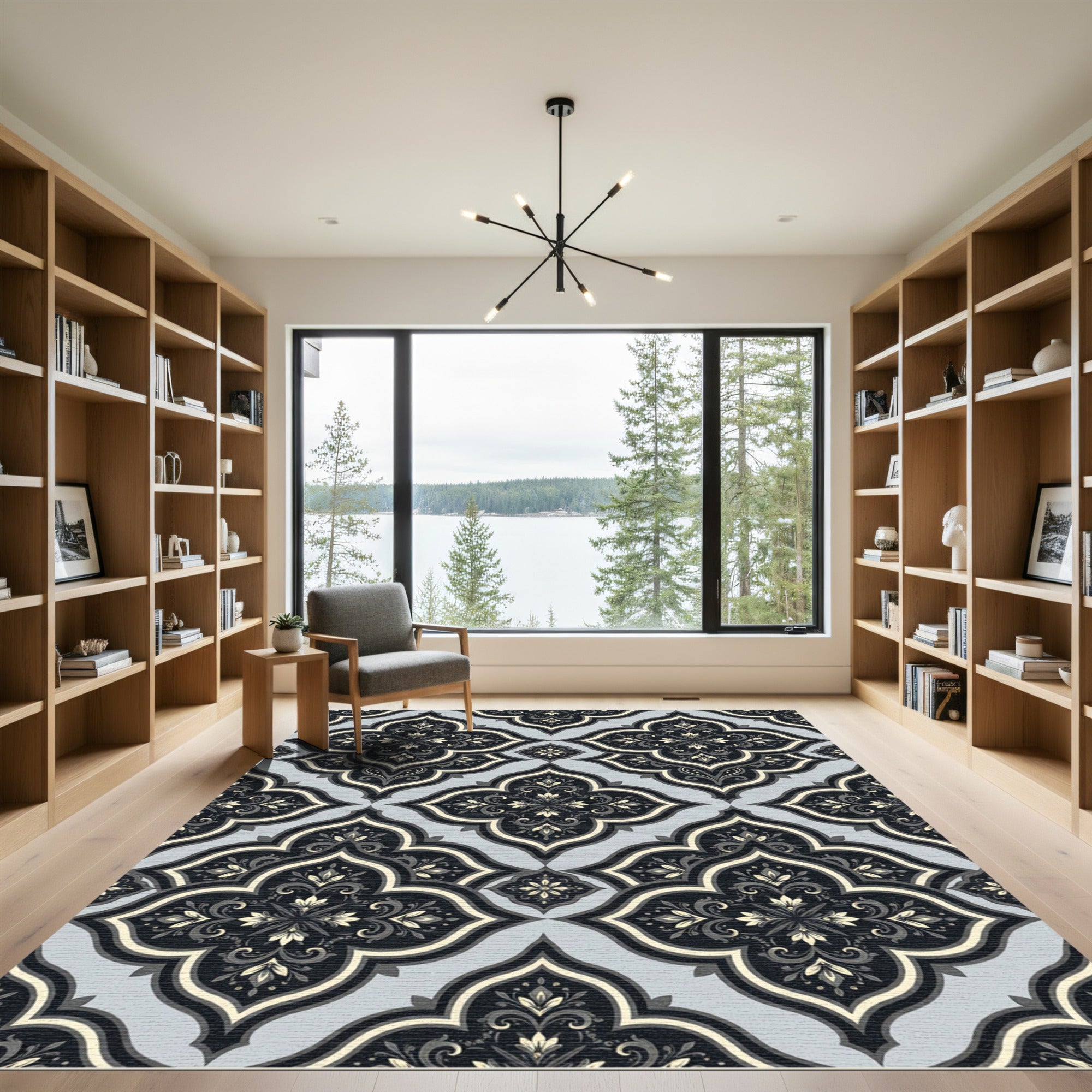 Elegant Dark Floral Quatrefoil Gray Rug