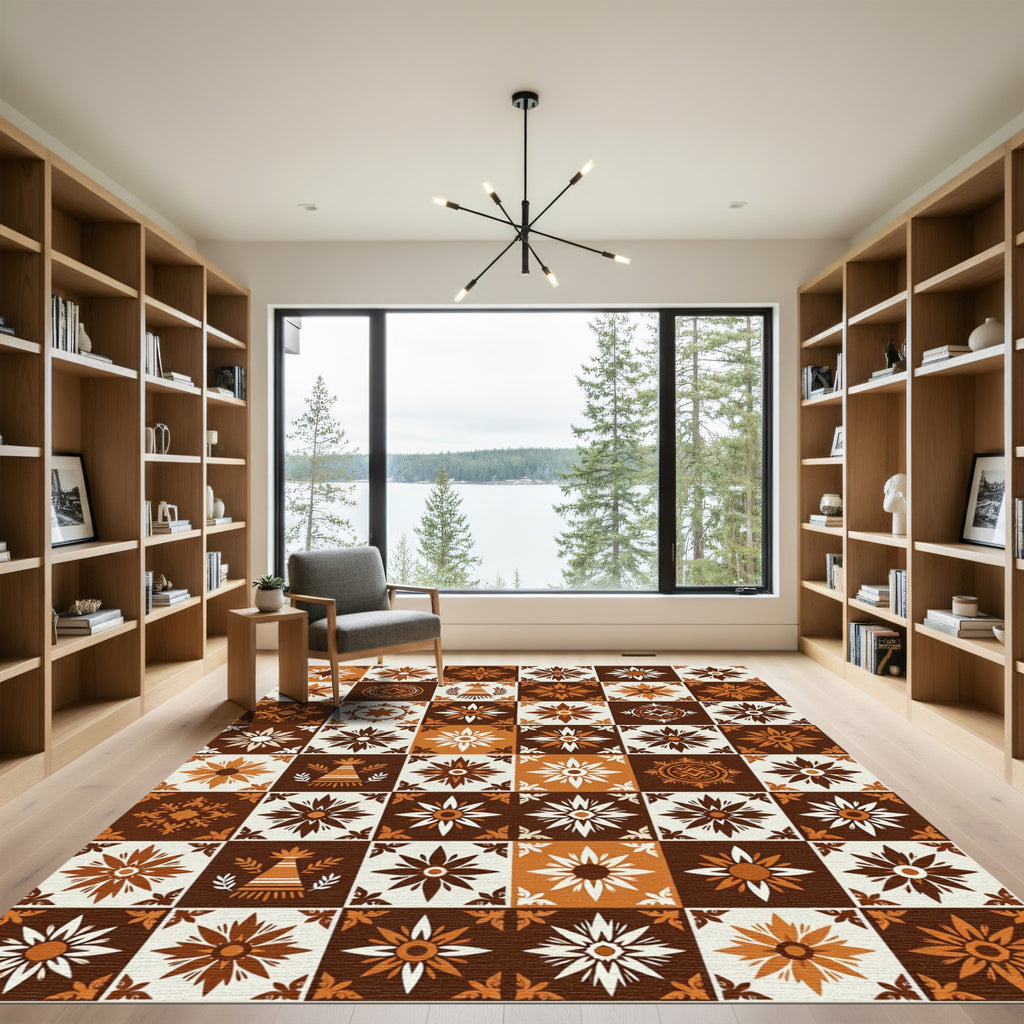 Terracotta Brown Floral Tiled Medallions Rug