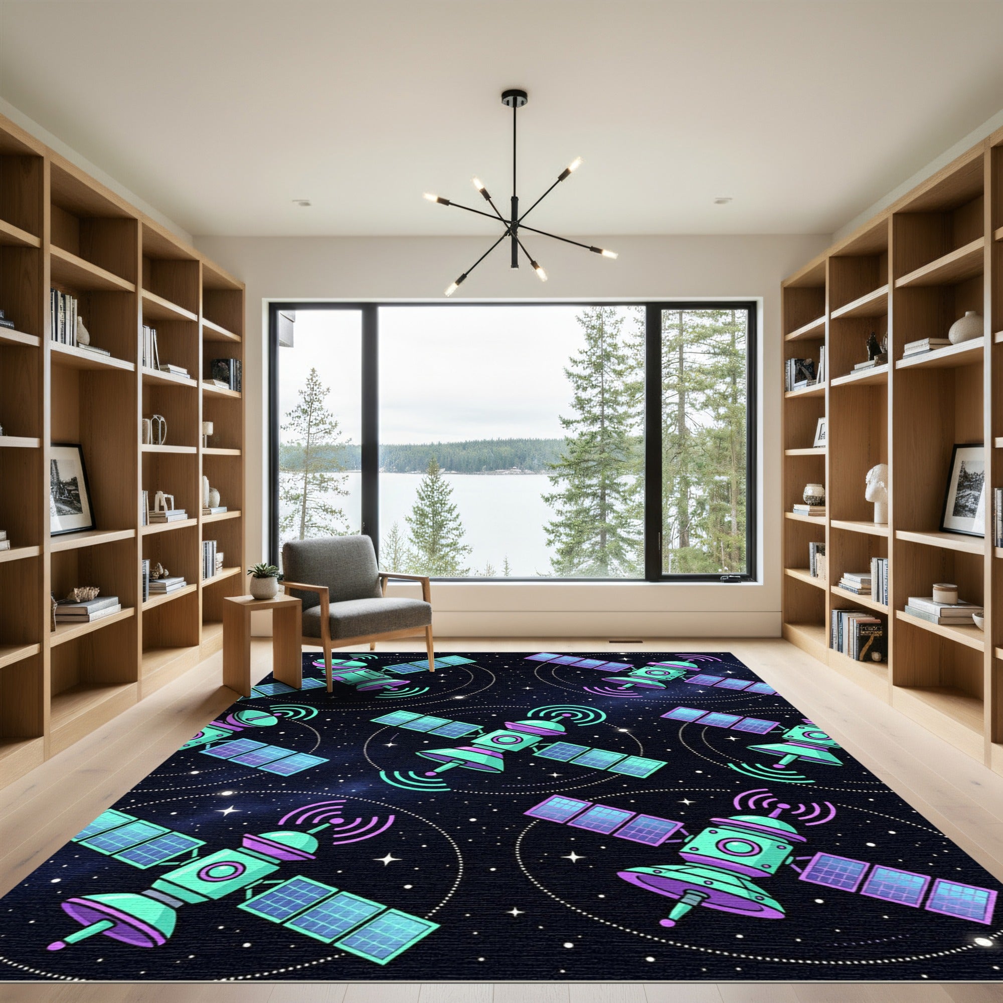 Neon Retro Sci-Fi Satellite Space Orbit Rug