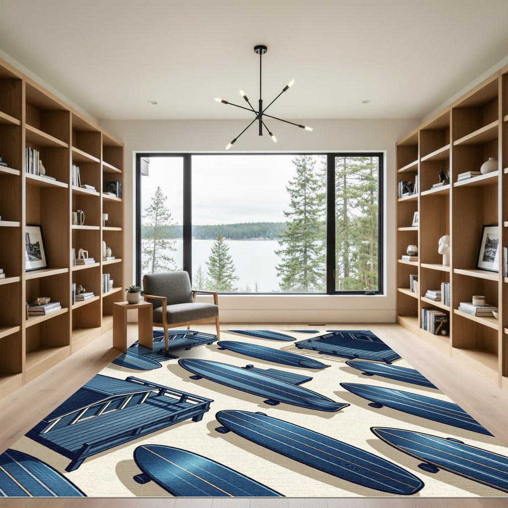 Coastal Navy Surfboard Isometric Illustration Rug