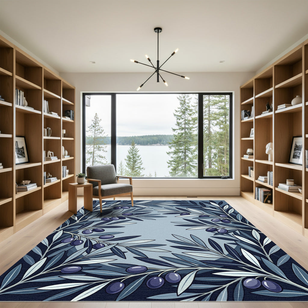 Dark Blue Olive Branches Composition Rug