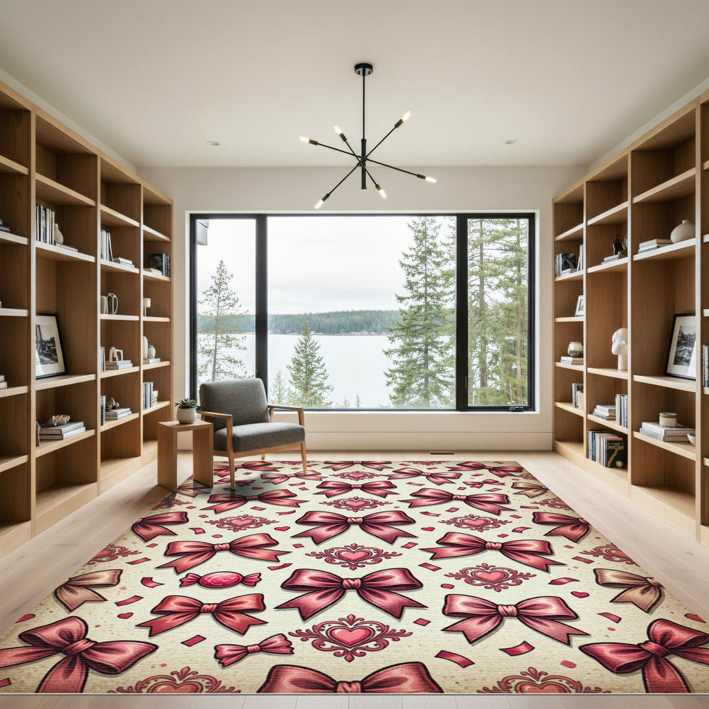 Romantic Dusty Pink Bow and Heart Illustration Rug
