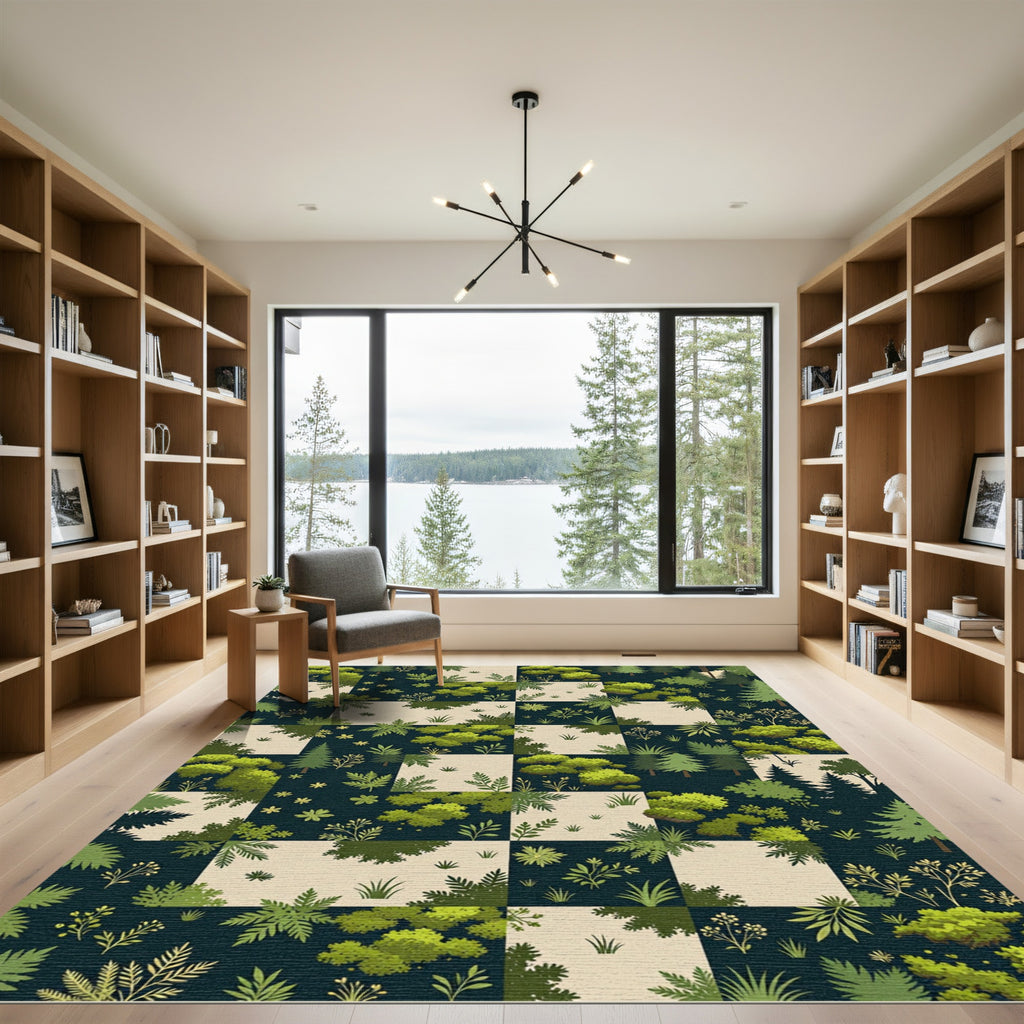 Forest Green Woodland Patchwork Squares Rug