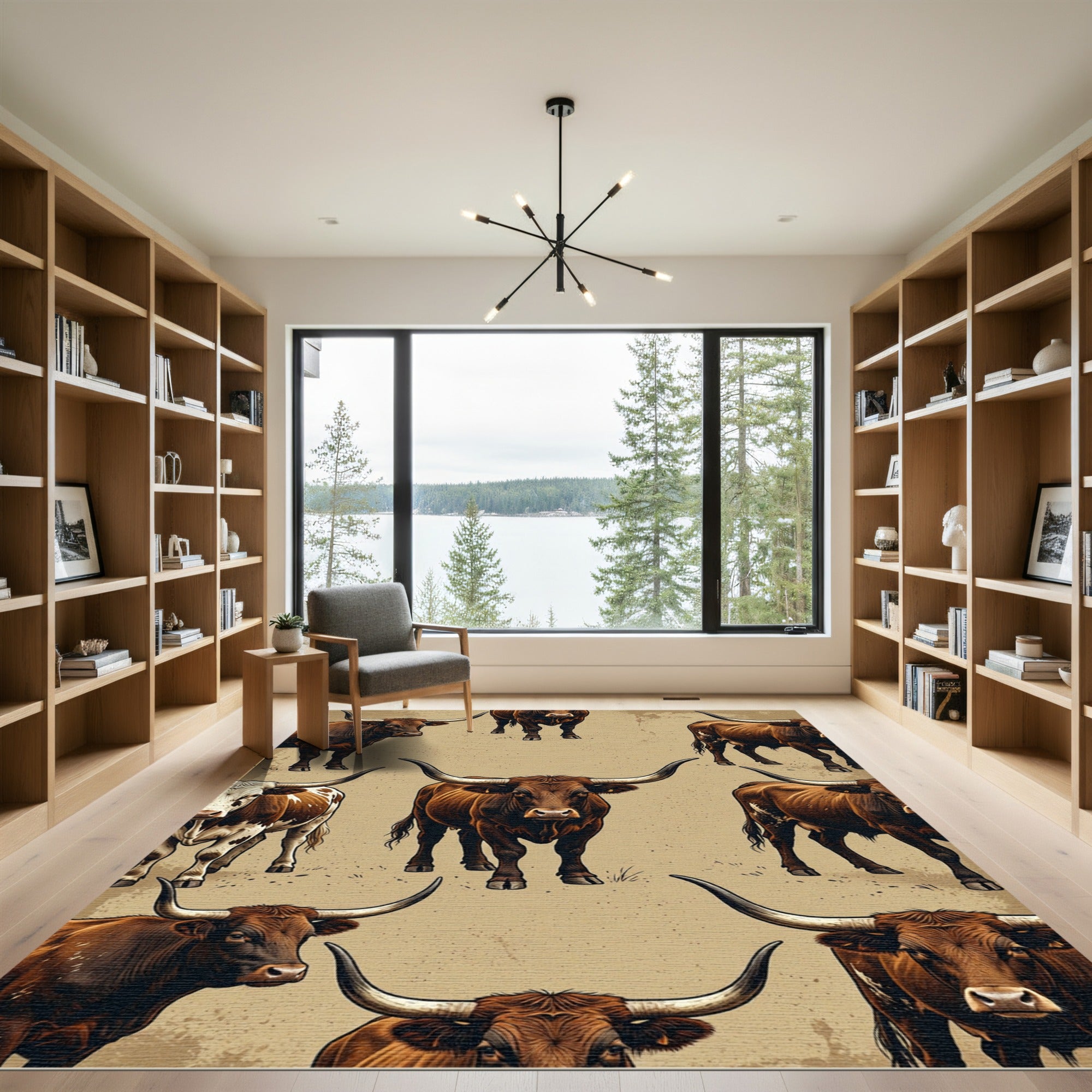 Rustic Brown Longhorn Cattle Western Rug