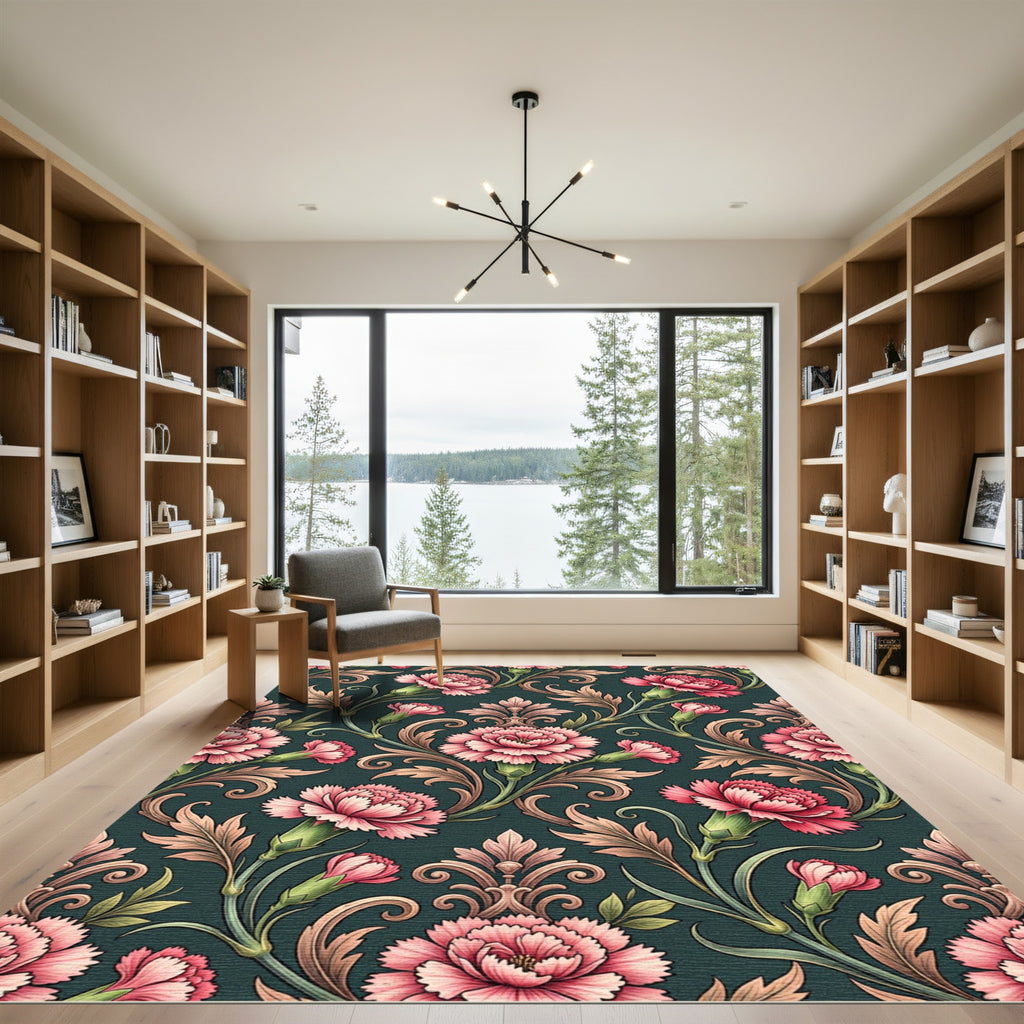 Elegant Pink Carnation Floral Damask Rug