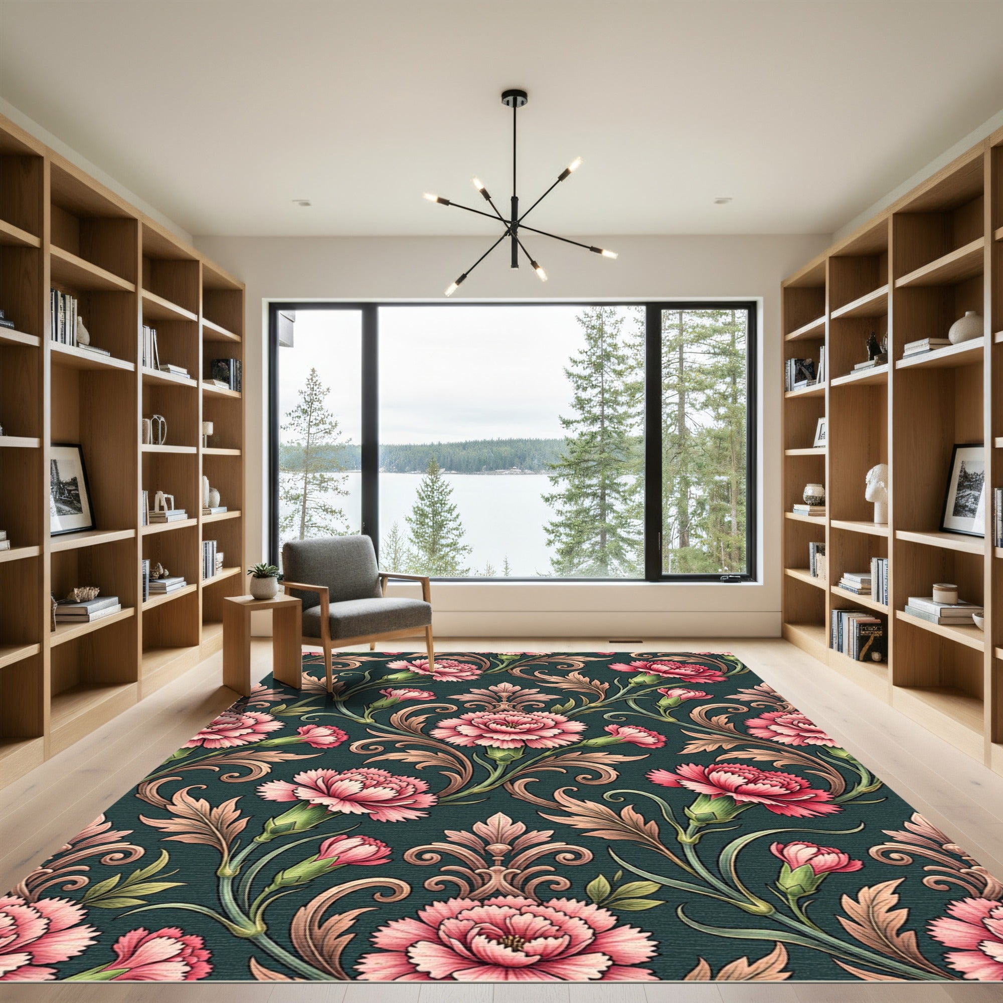 Elegant Pink Carnation Floral Damask Rug