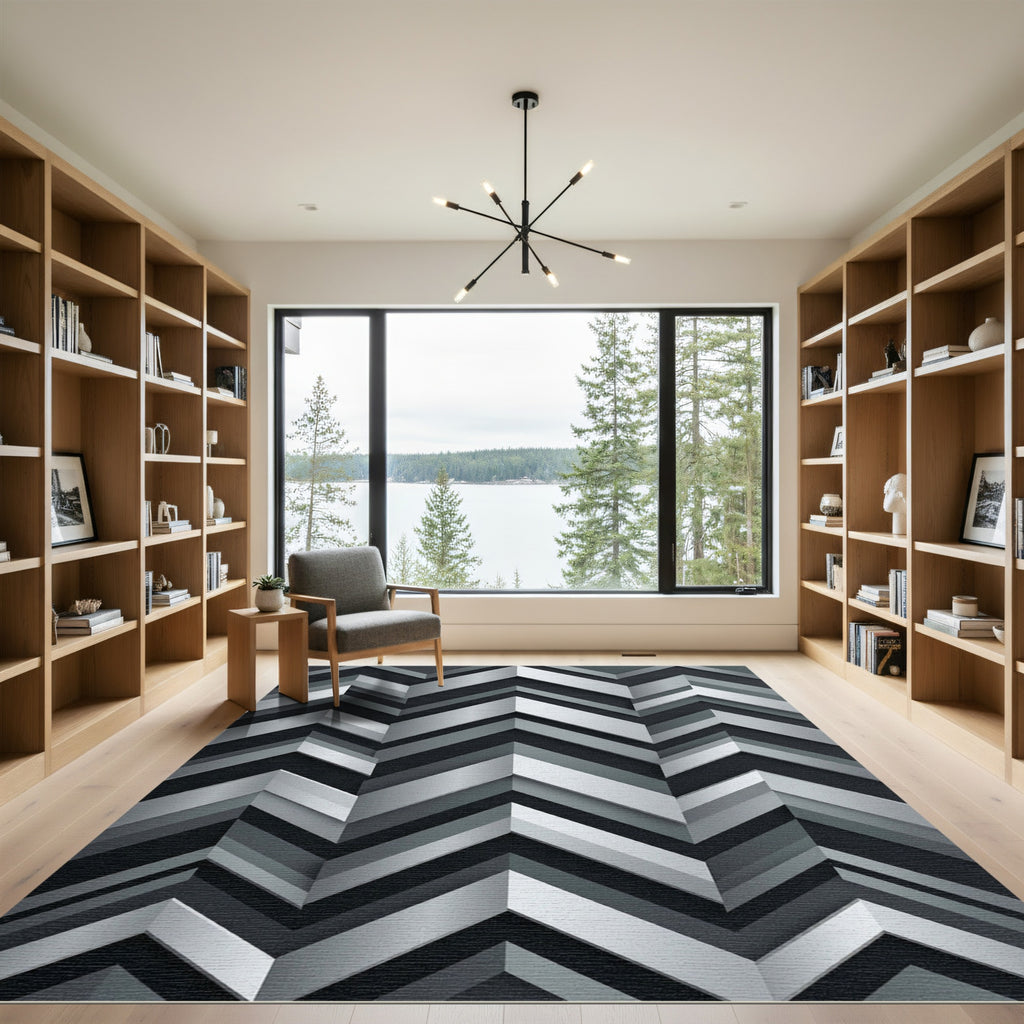 Sophisticated Metallic Silver Chevron Geometric Rug