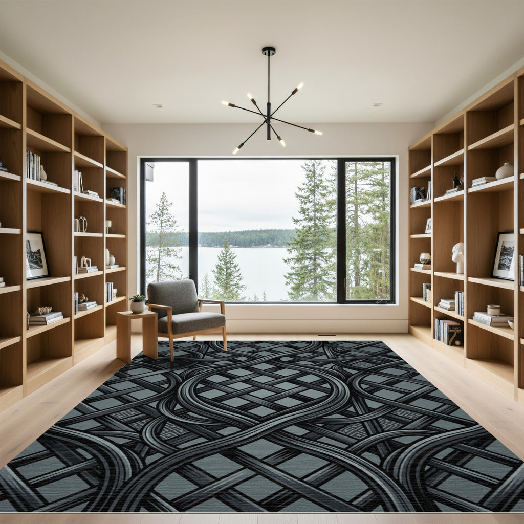 Sophisticated Charcoal Woven Interlocking Lattice Rug