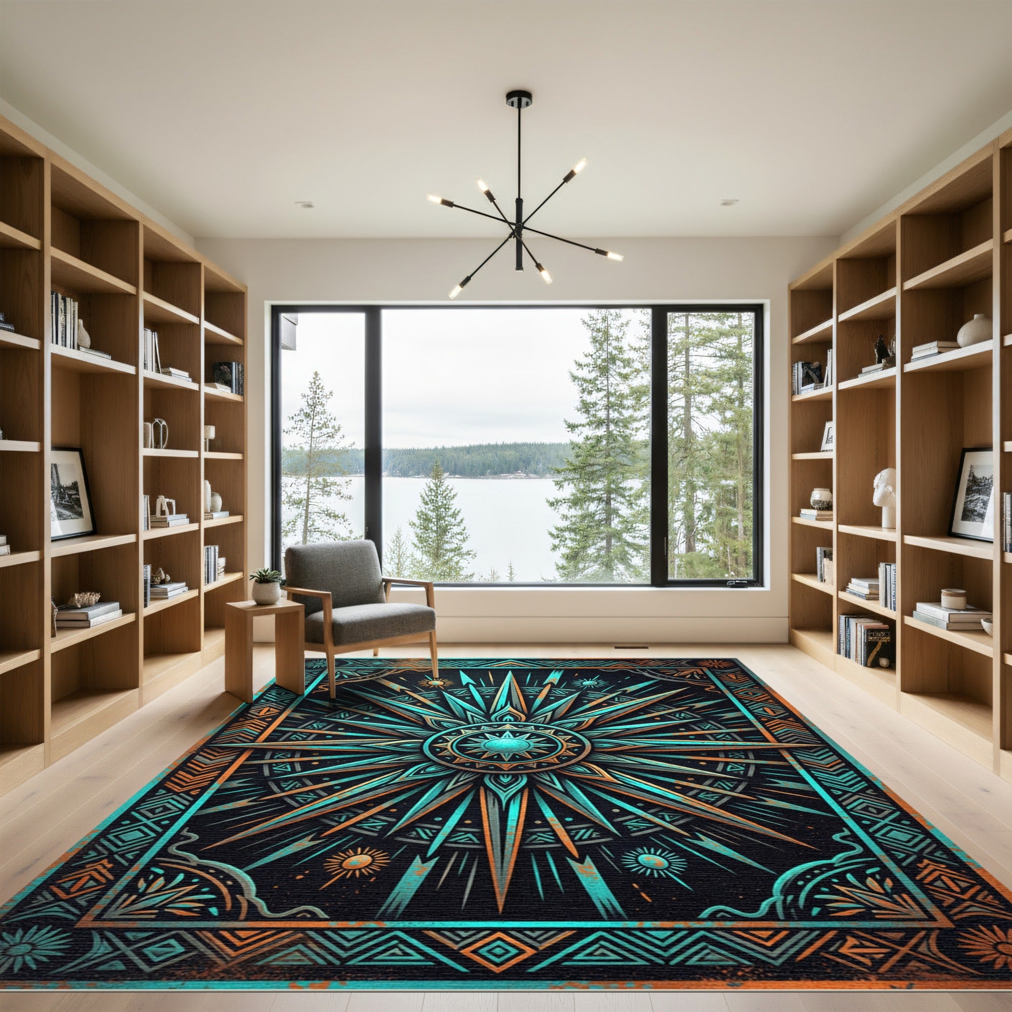 Celestial Teal and Copper Compass Medallion Rug