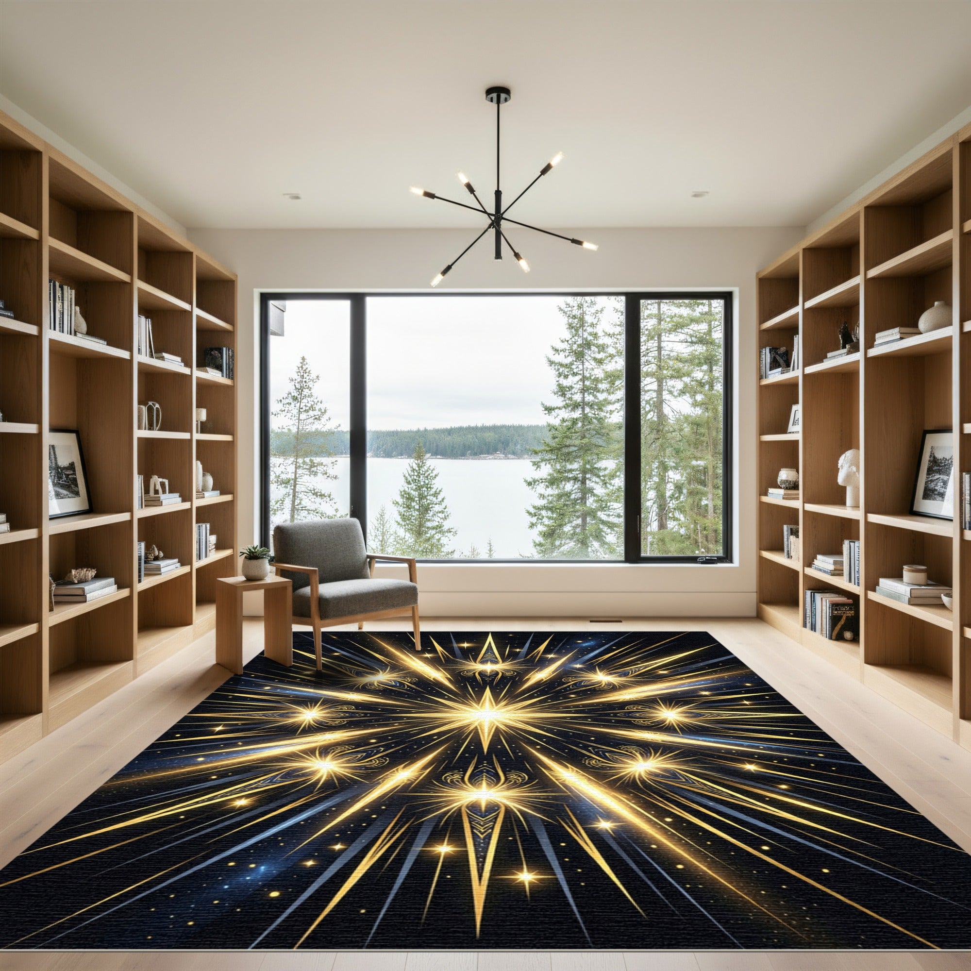 Celestial Golden Starburst Radial Art Rug