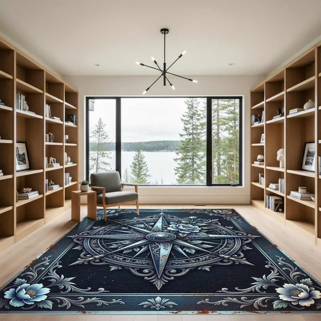 Elegant Blue Floral Compass Medallion Rug