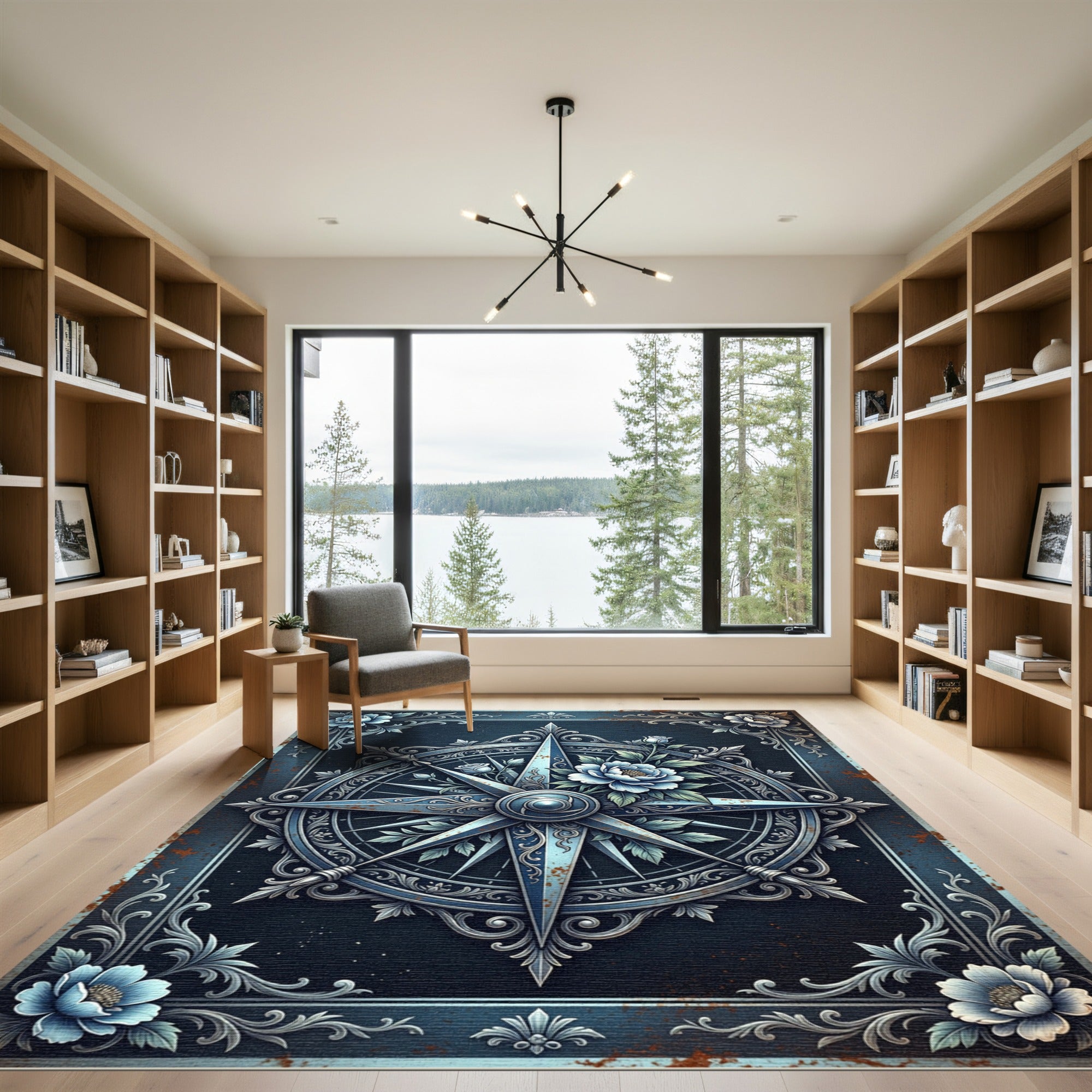 Elegant Blue Floral Compass Medallion Rug