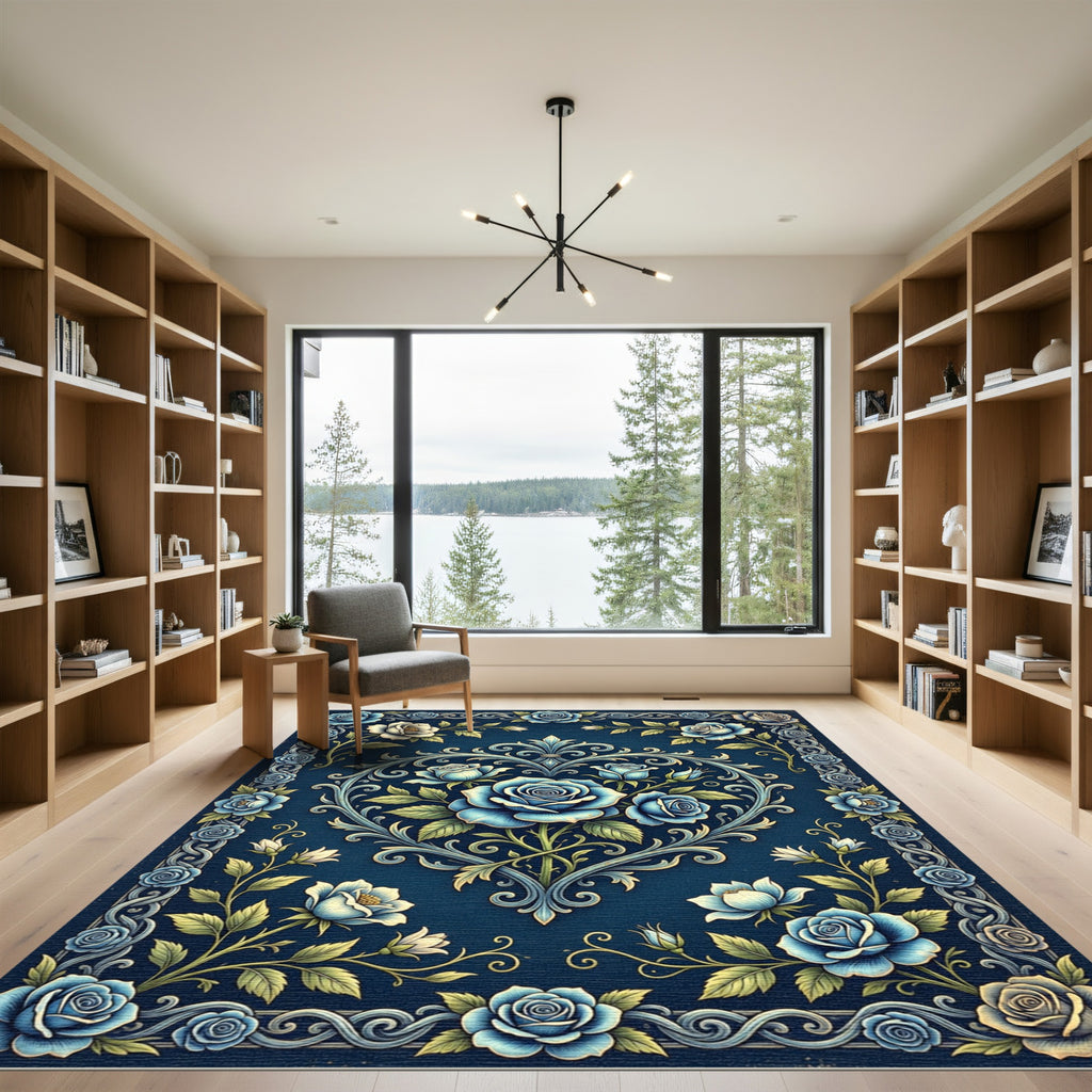 Deep Blue Victorian Rose Heart Rug