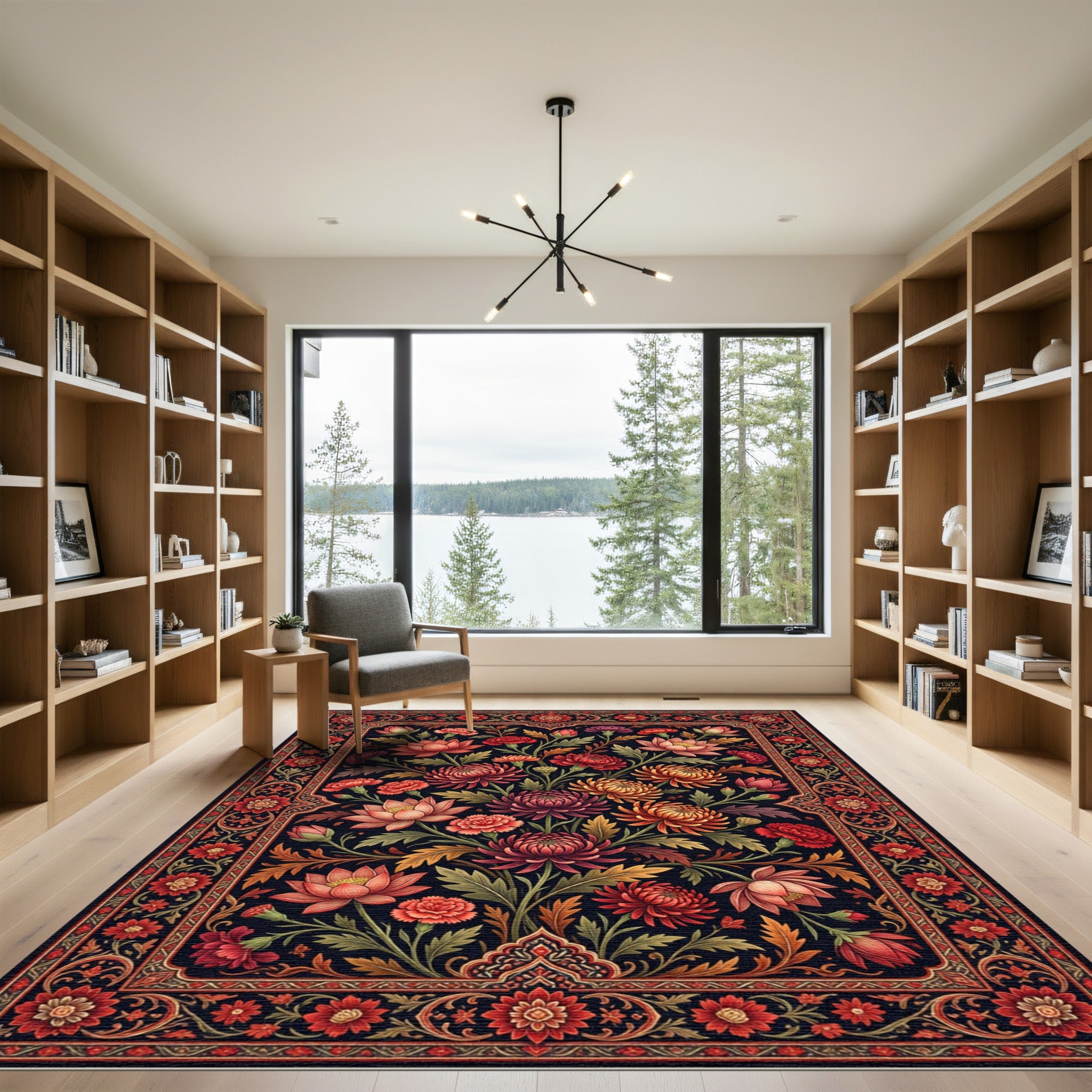 Dark Crimson Floral Garden Botanical Rug