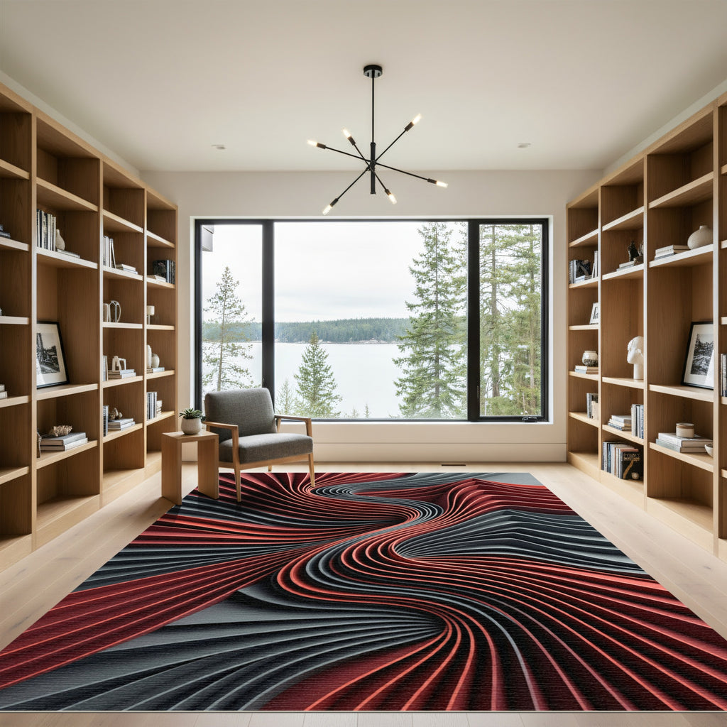 Abstract Crimson and Charcoal Flowing Waves Rug