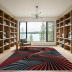 Abstract Crimson and Charcoal Flowing Waves Rug
