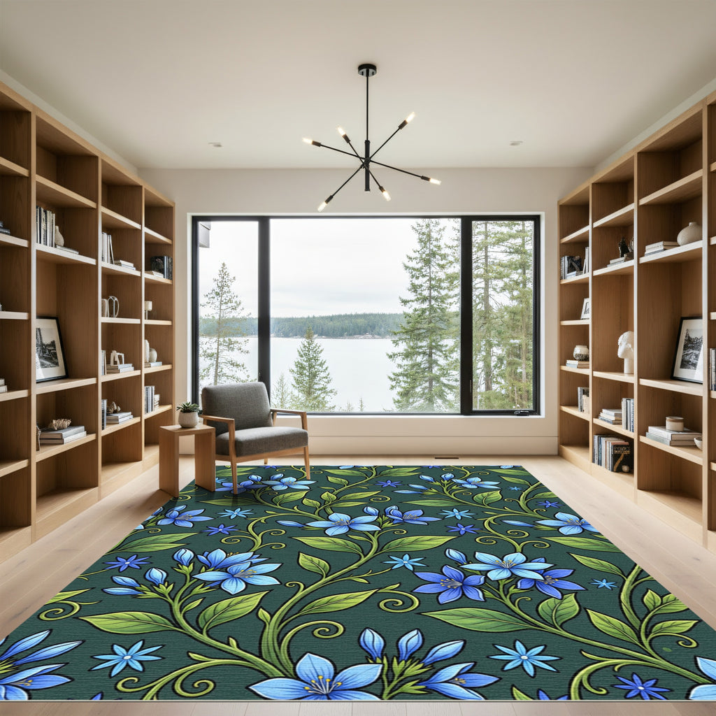 Blue Floral Vine Botanical Art Rug