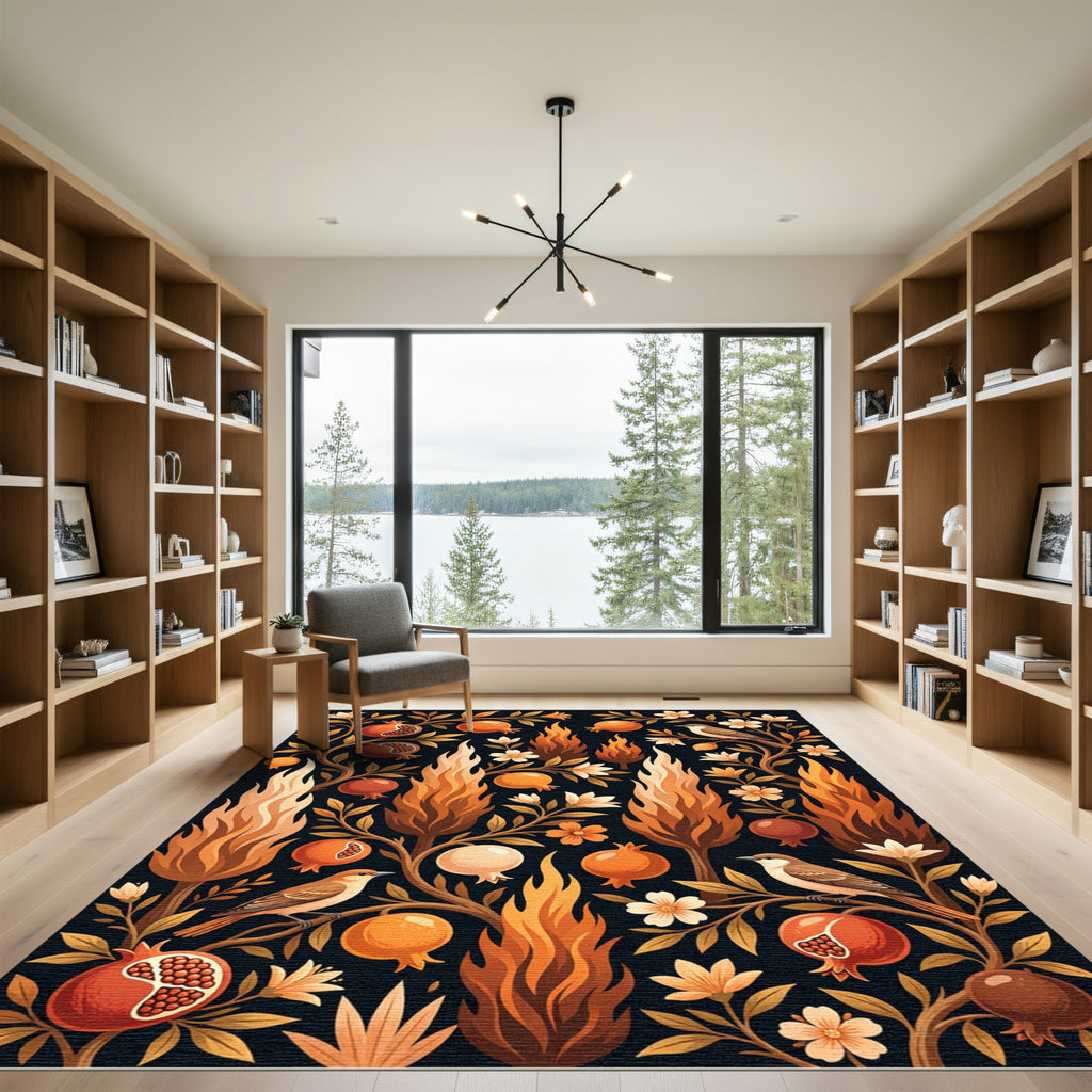 Earthy Pomegranate and Flame Botanical Artwork Rug