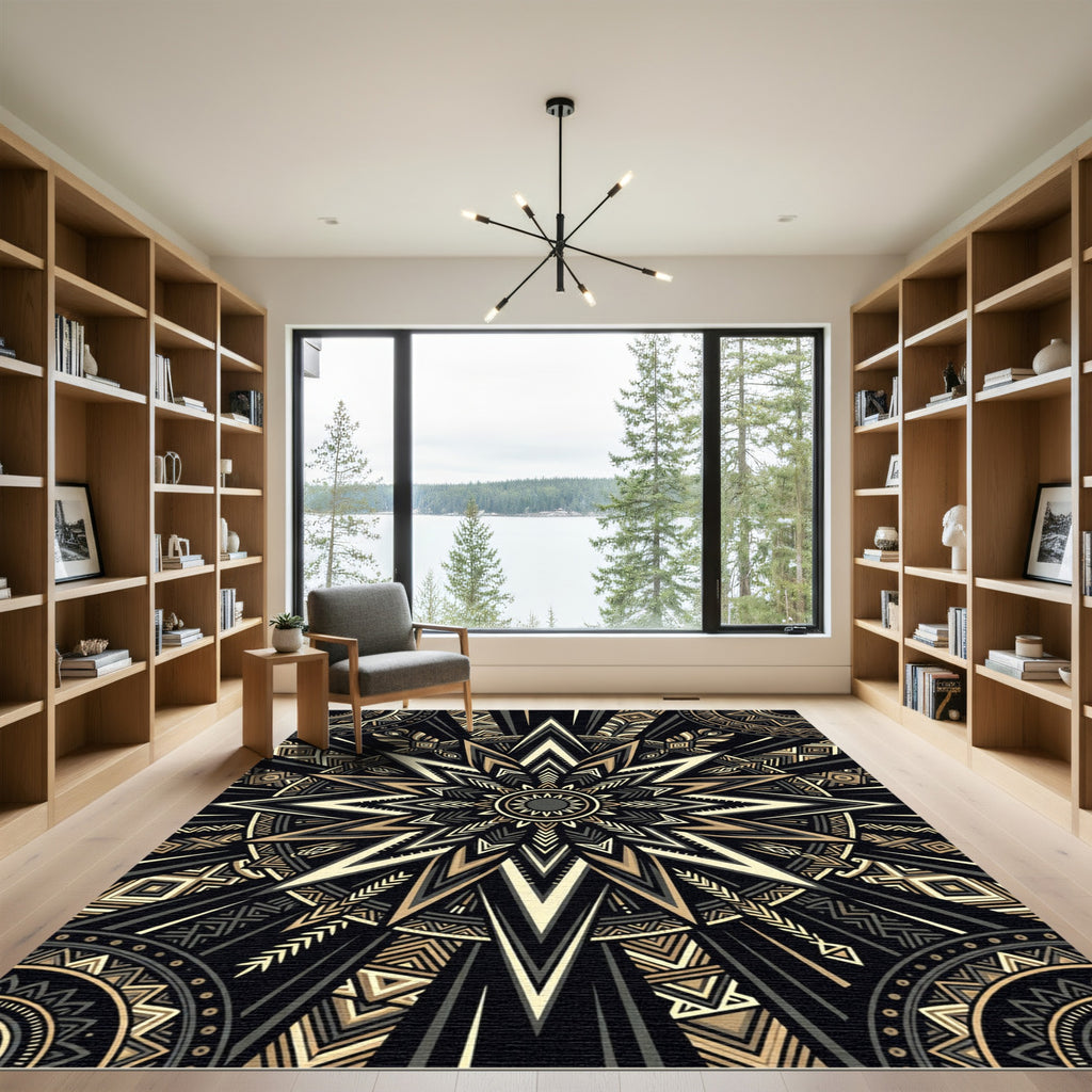 Gold Black Geometric Astral Star Medallion Rug
