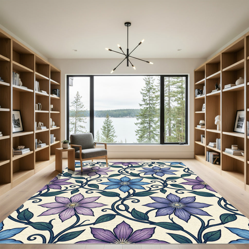 Elegant Blue Purple Clematis Floral Vine Rug
