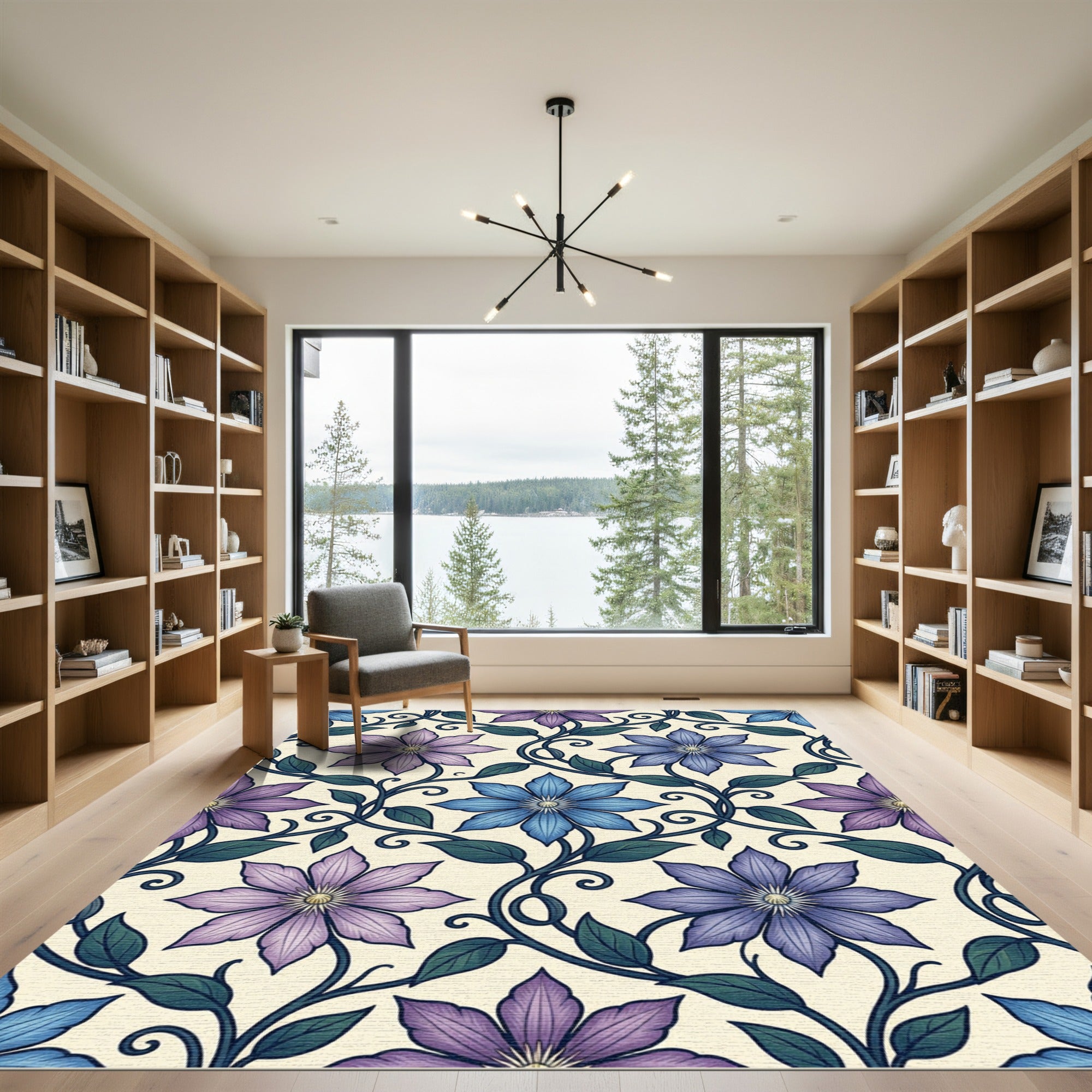 Elegant Blue Purple Clematis Floral Vine Rug