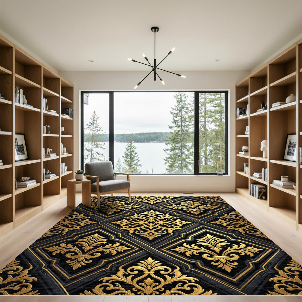 Ornate Gold Black Damask Scroll Rug