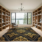 Ornate Gold Black Damask Scroll Rug